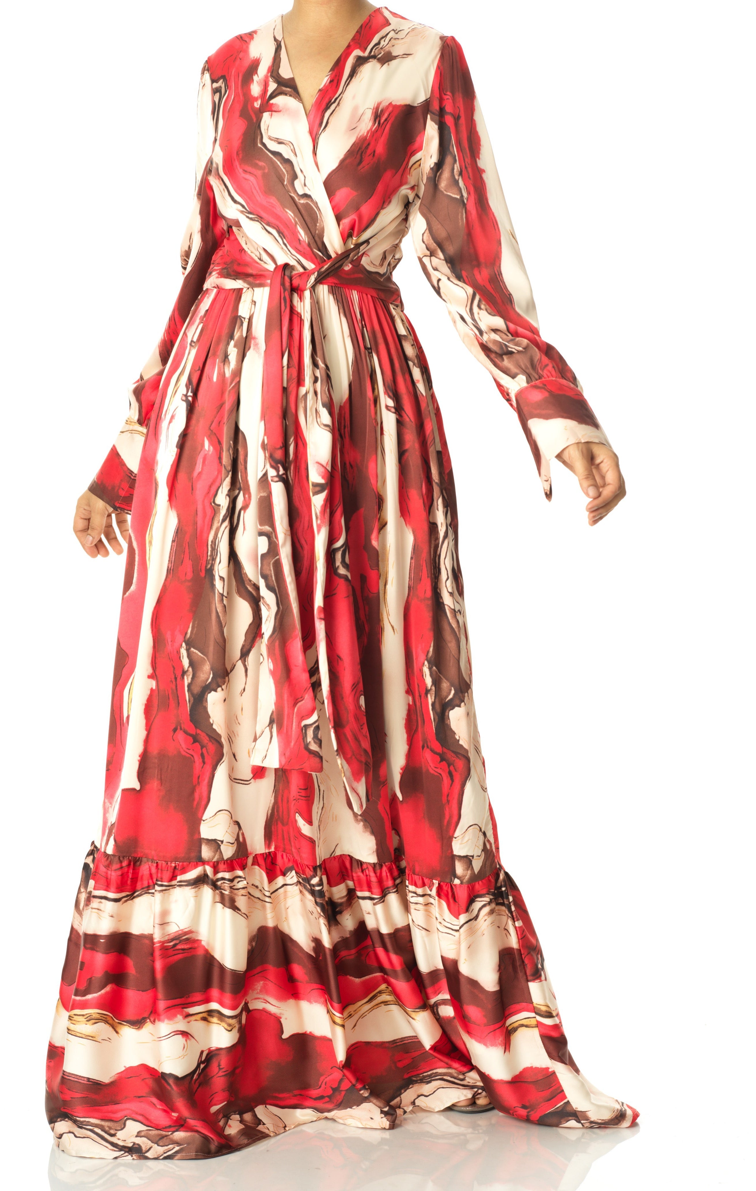 Ruby Red satin long sleeve maxi dress Kabayare