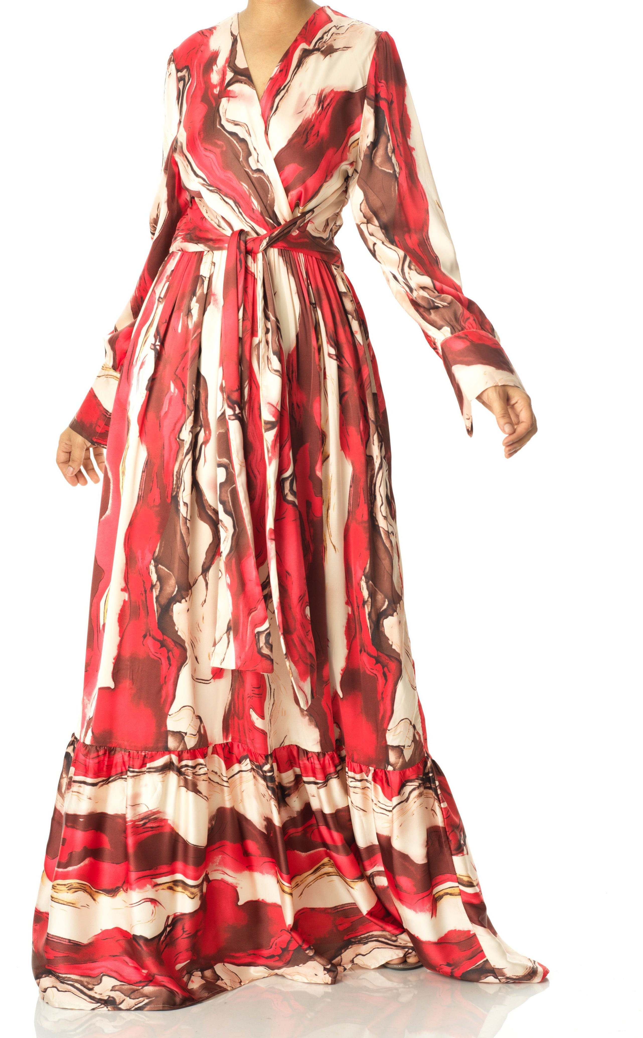 Ruby Red satin long sleeve maxi dress Kabayare