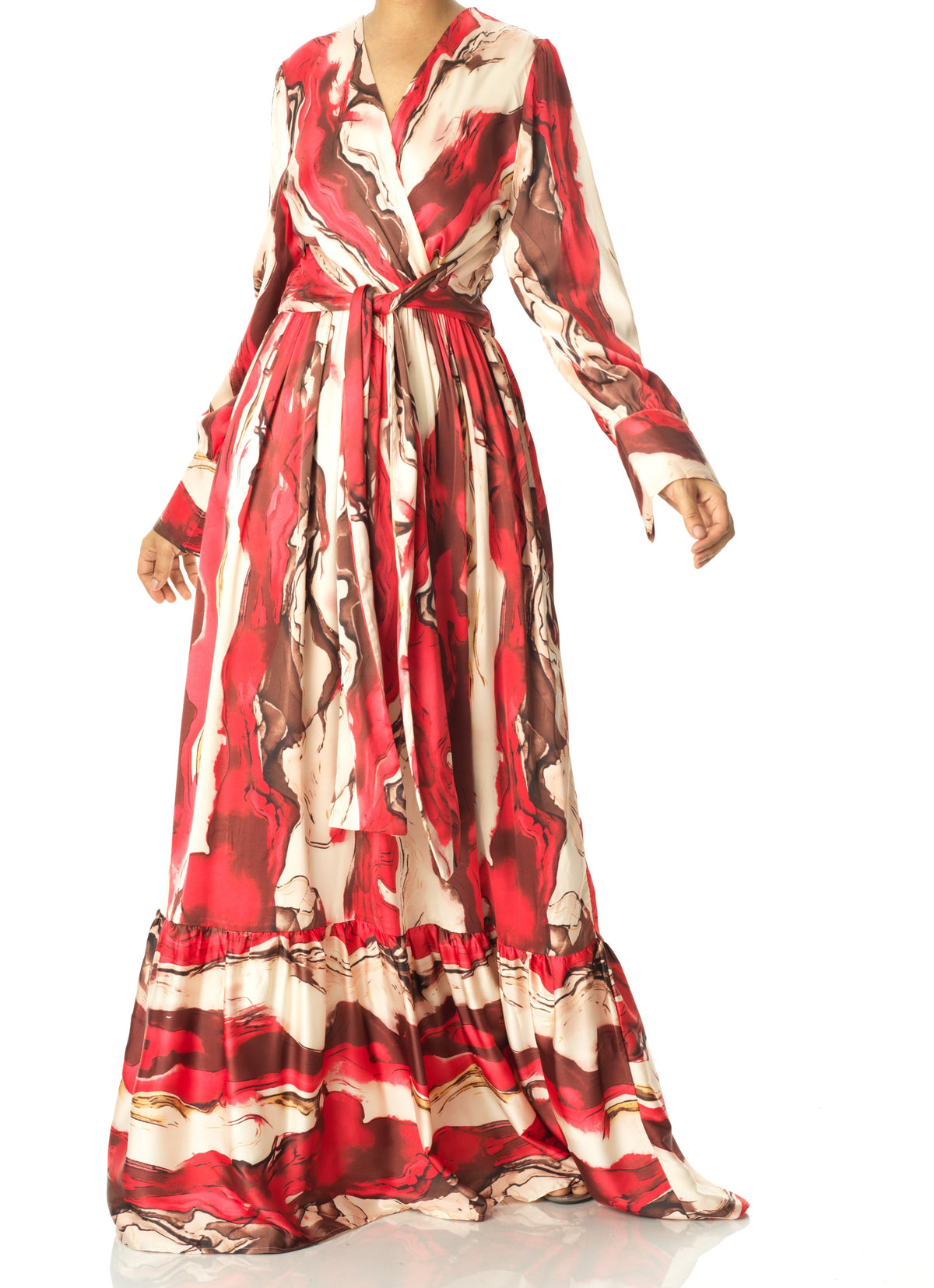 Ruby Red satin long sleeve maxi dress Kabayare