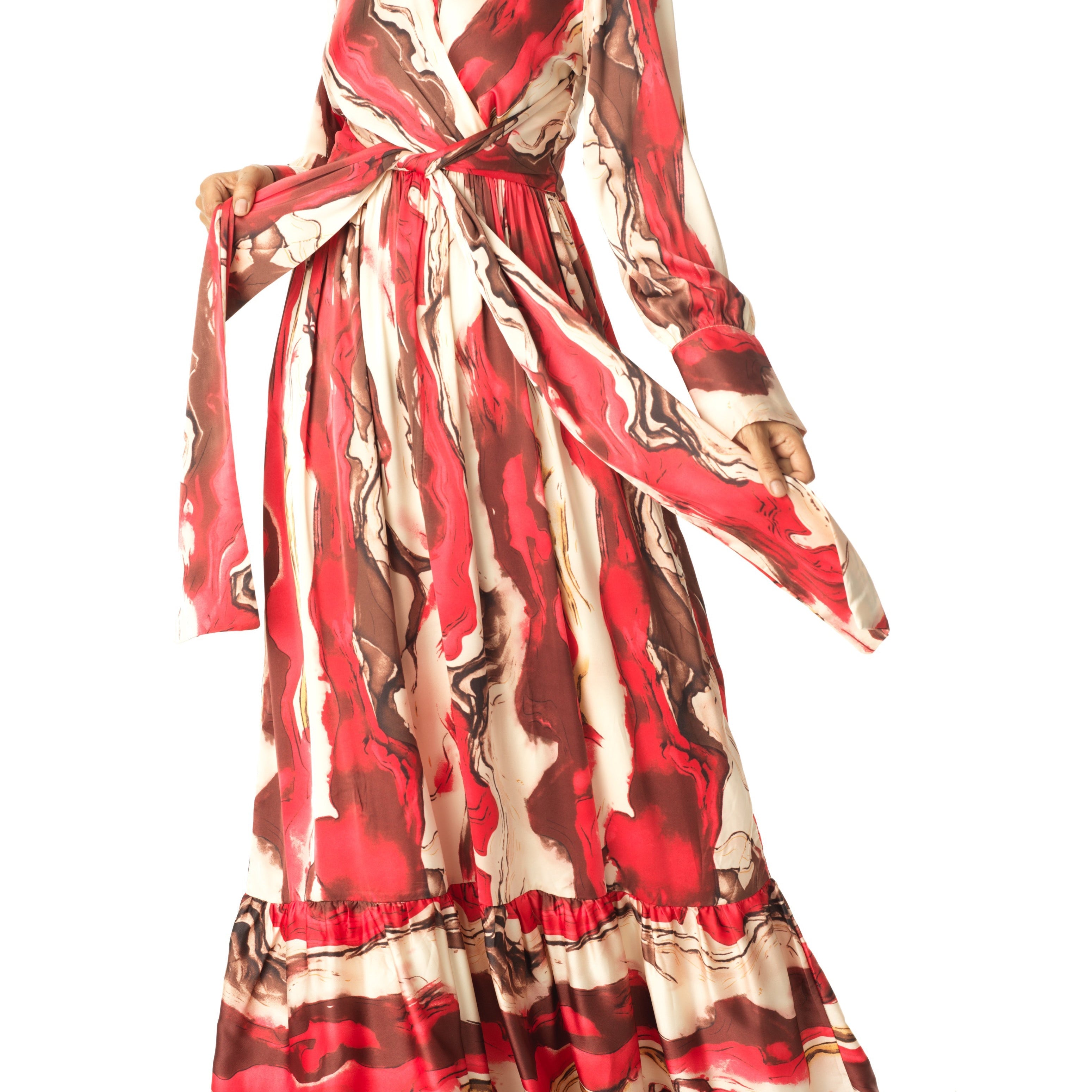 Ruby Red satin long sleeve maxi dress Kabayare