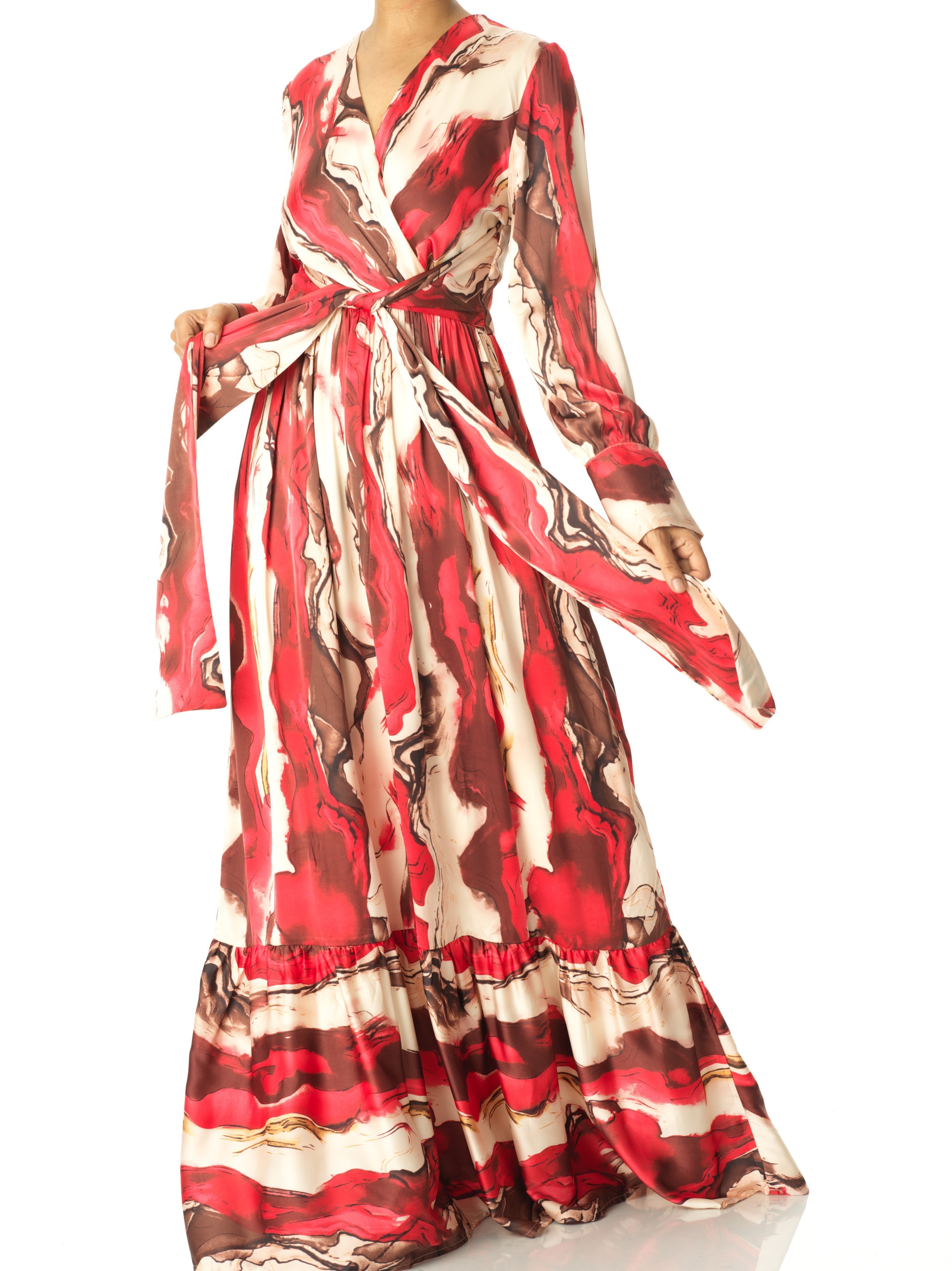 Ruby Red satin long sleeve maxi dress Kabayare