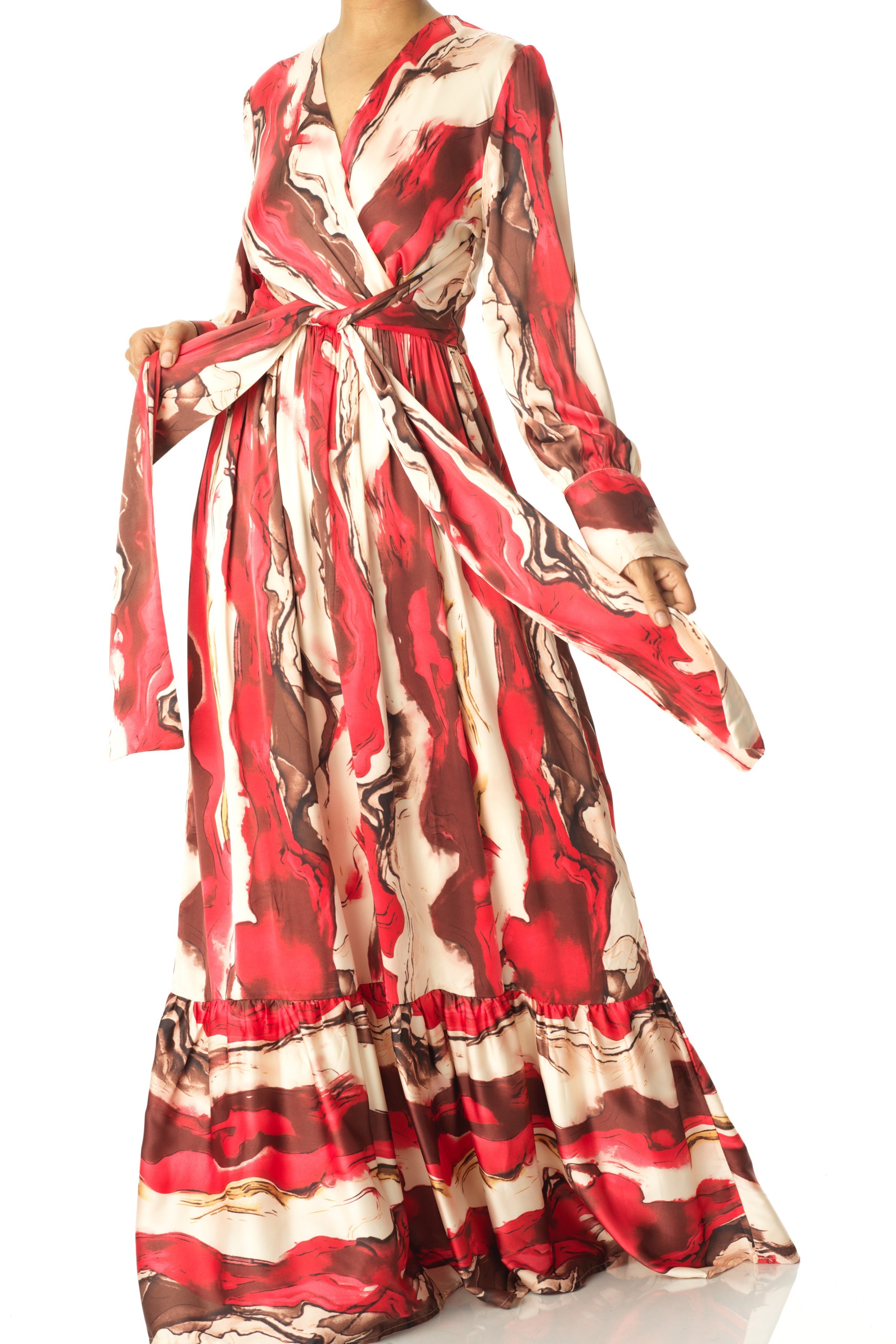 Ruby Red satin long sleeve maxi dress Kabayare