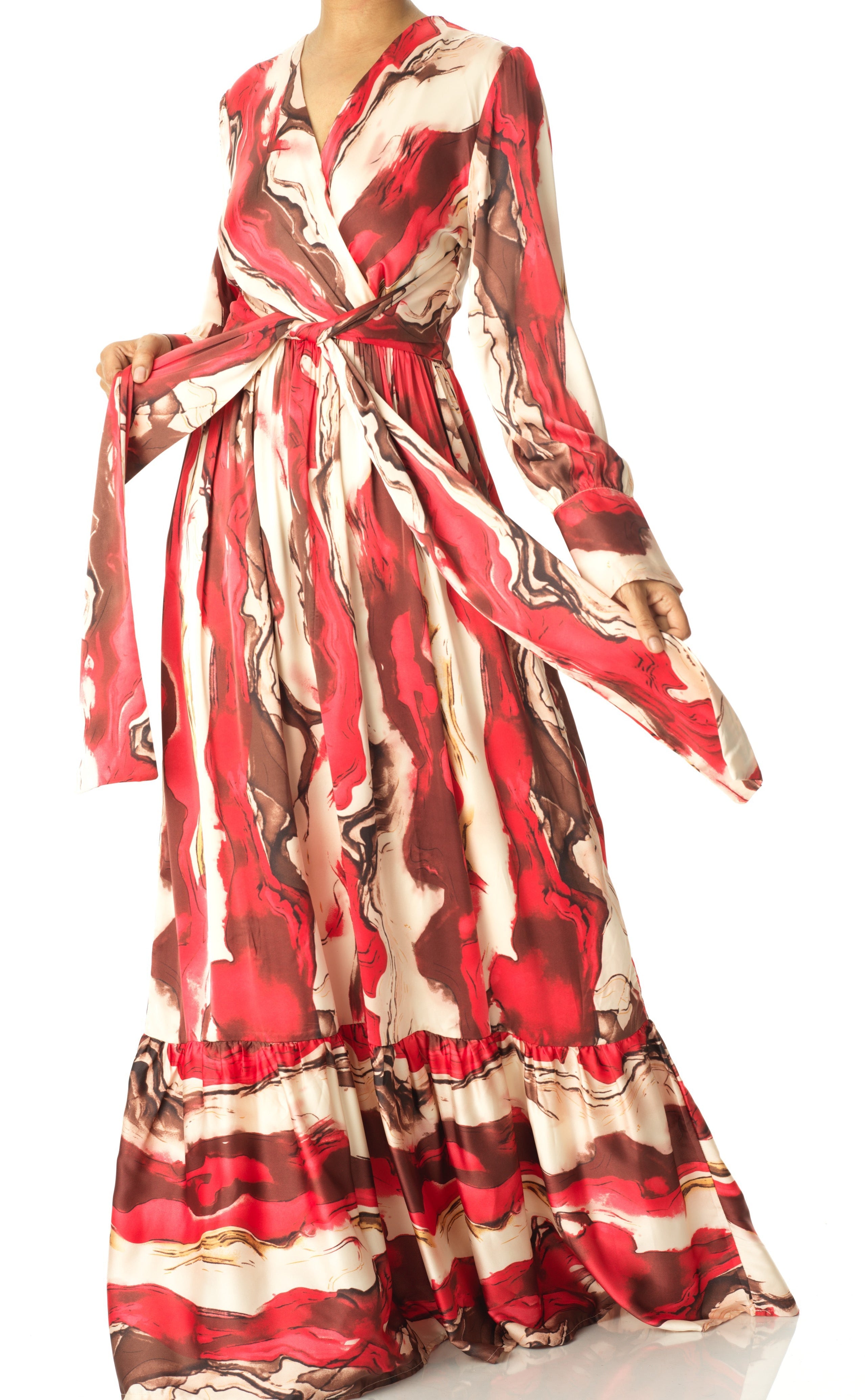 Ruby Red satin long sleeve maxi dress Kabayare