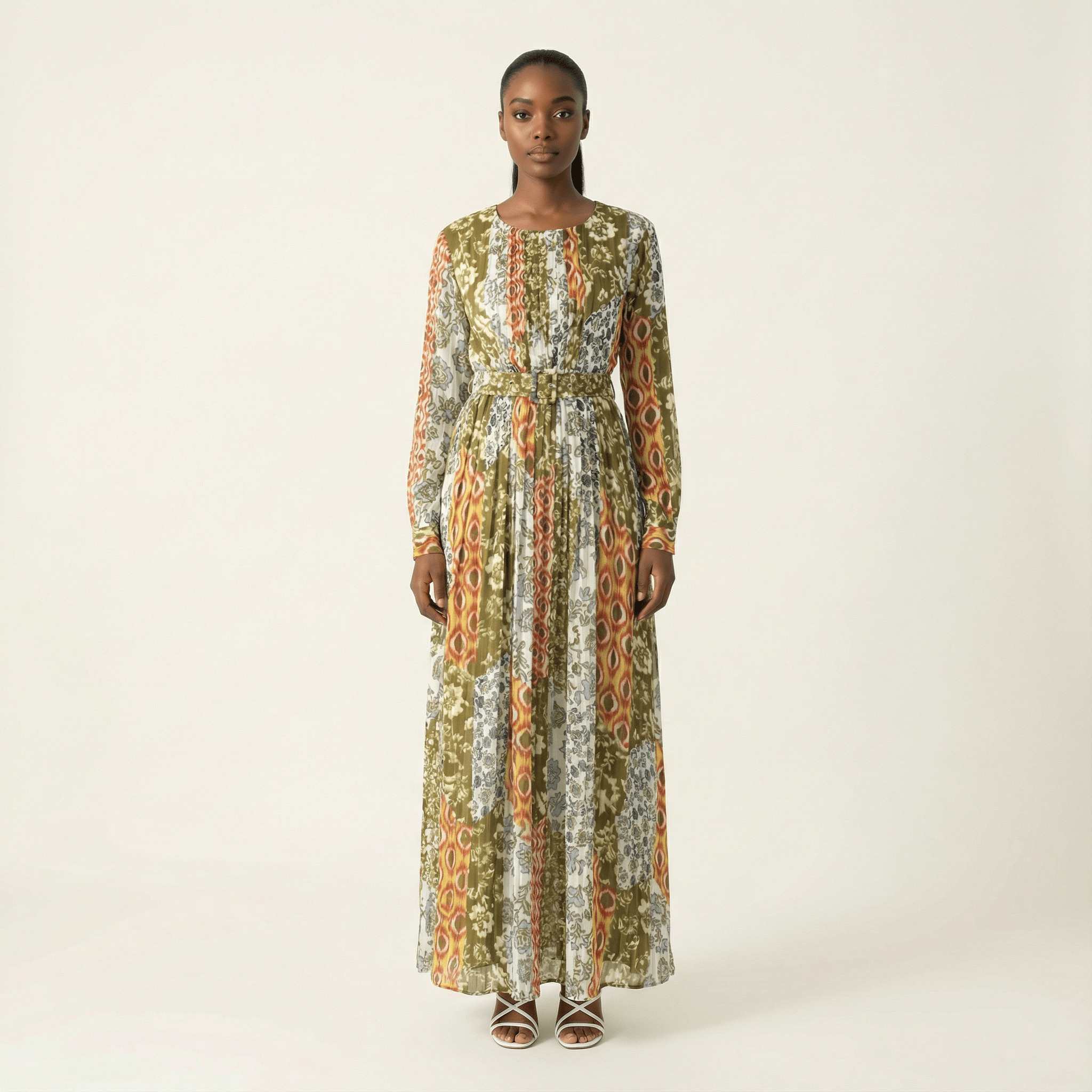 Safiyah print silk chiffon shimmer maxi dress Kabayare