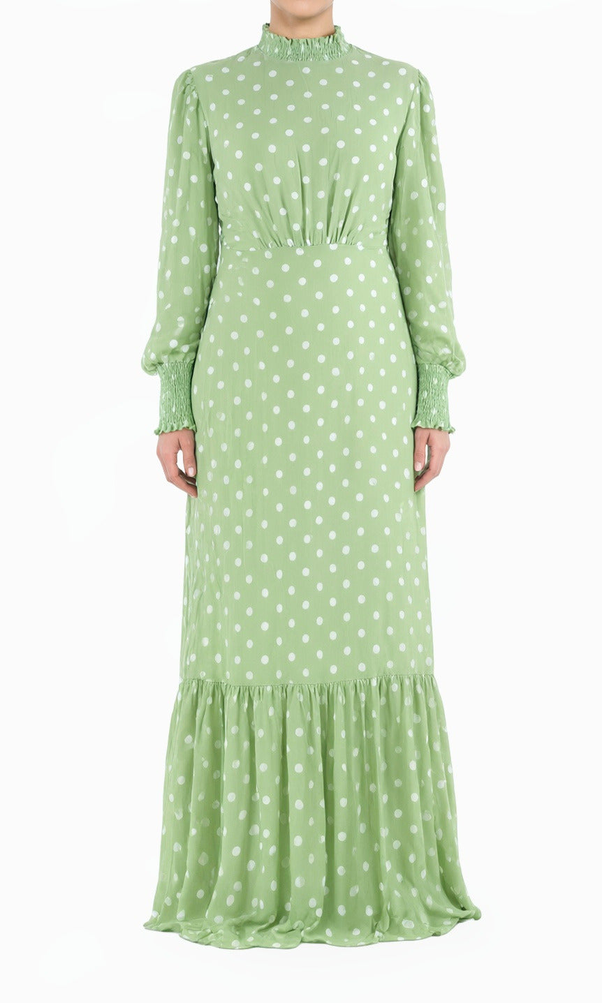 Sage Polka Dot Lucca Smocked High Neck Modest Maxi Dress Kabayare