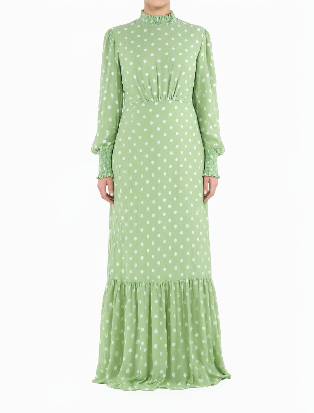 Sage Polka Dot Lucca Smocked High Neck Modest Maxi Dress Kabayare