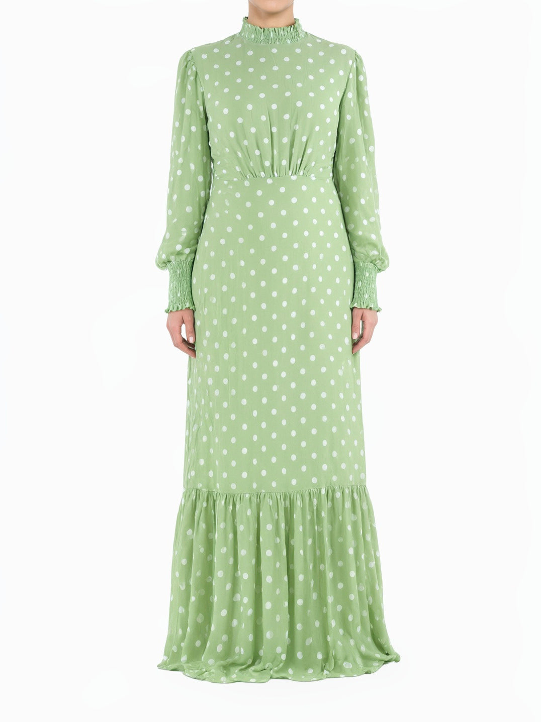 Sage Polka Dot Lucca Smocked High Neck Modest Maxi Dress Kabayare