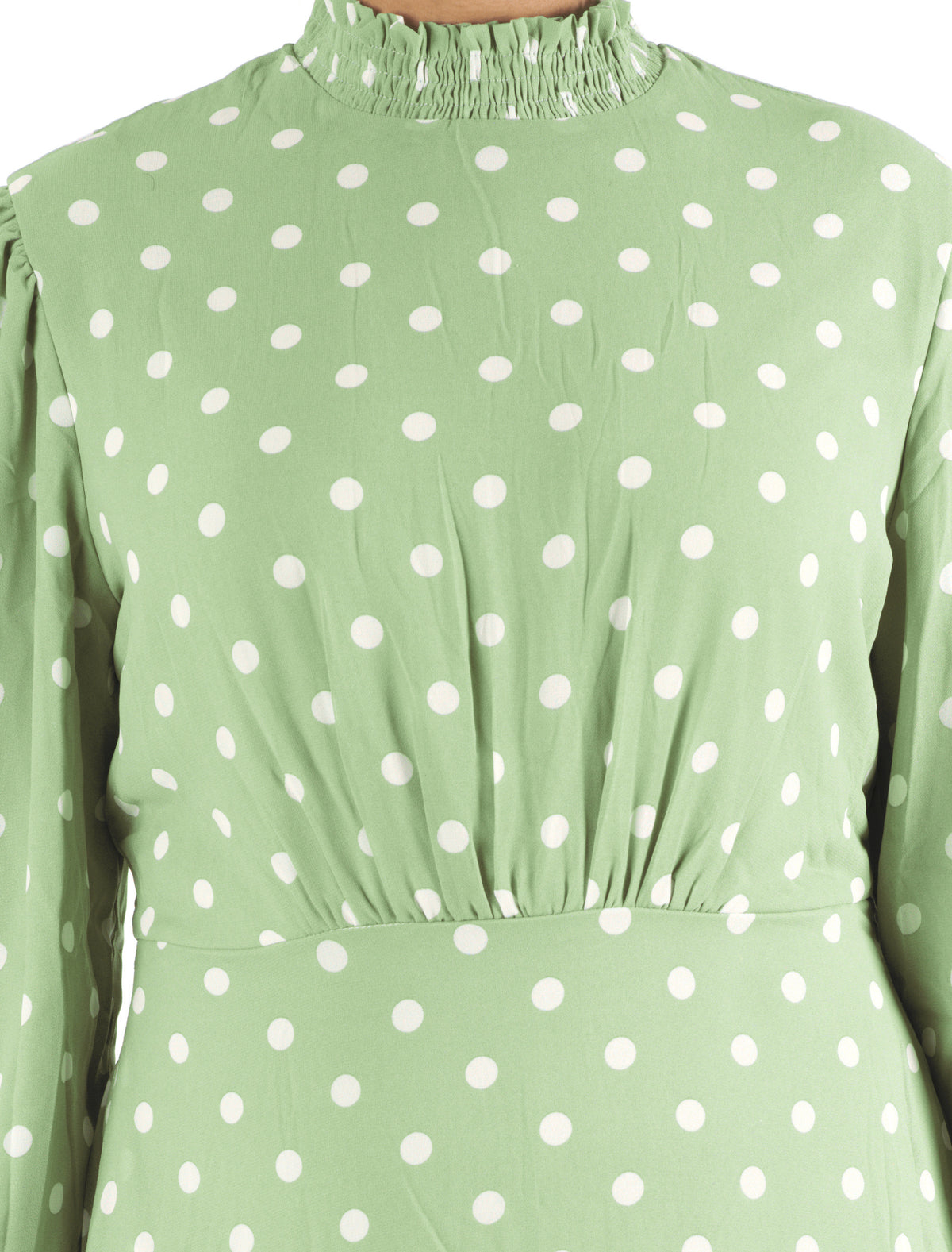 Sage Polka Dot Lucca Smocked High Neck Modest Maxi Dress: smocked neck detail