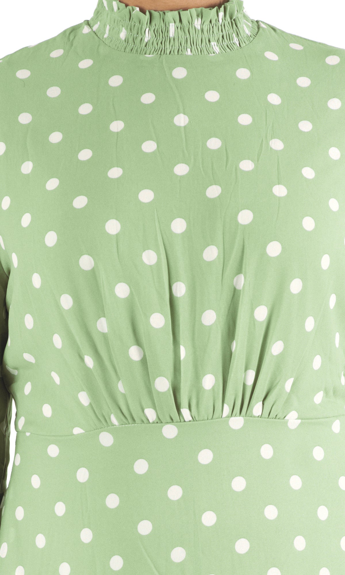 Sage Polka Dot Lucca Smocked High Neck Modest Maxi Dress: smocked neck detail