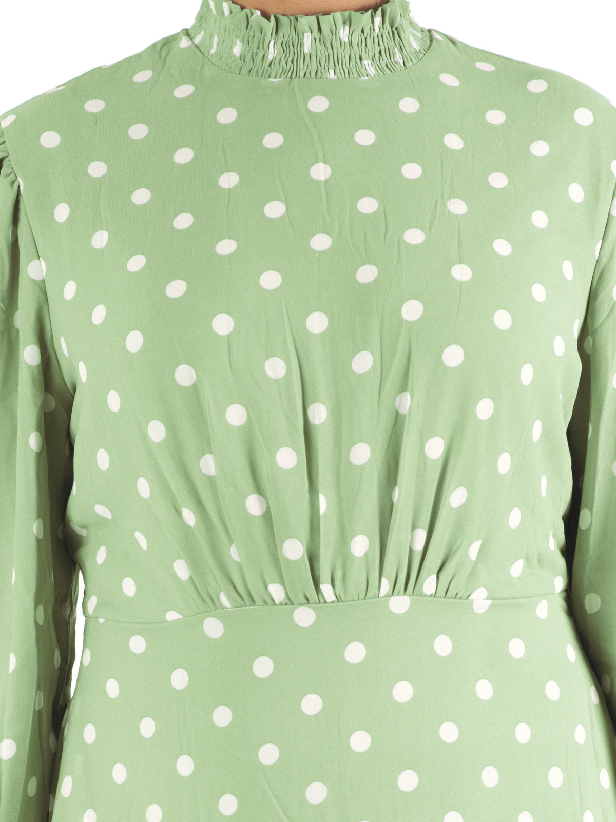 Sage Polka Dot Lucca Smocked High Neck Modest Maxi Dress: smocked neck detail