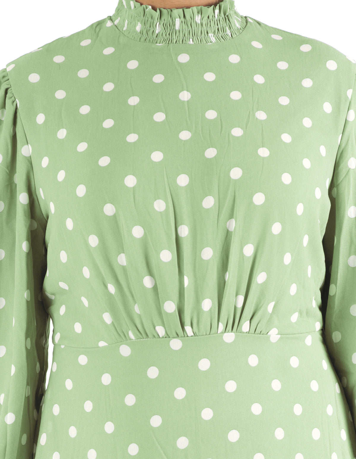 Sage Polka Dot Lucca Smocked High Neck Modest Maxi Dress: smocked neck detail