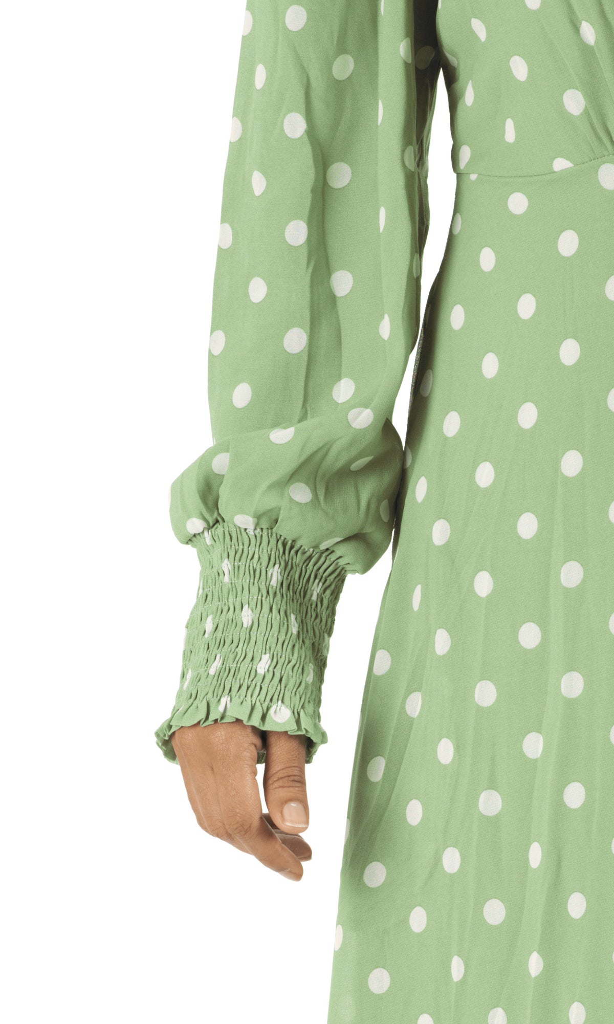 Sage Polka Dot Lucca Smocked High Neck Modest Maxi Dress: cuff detail