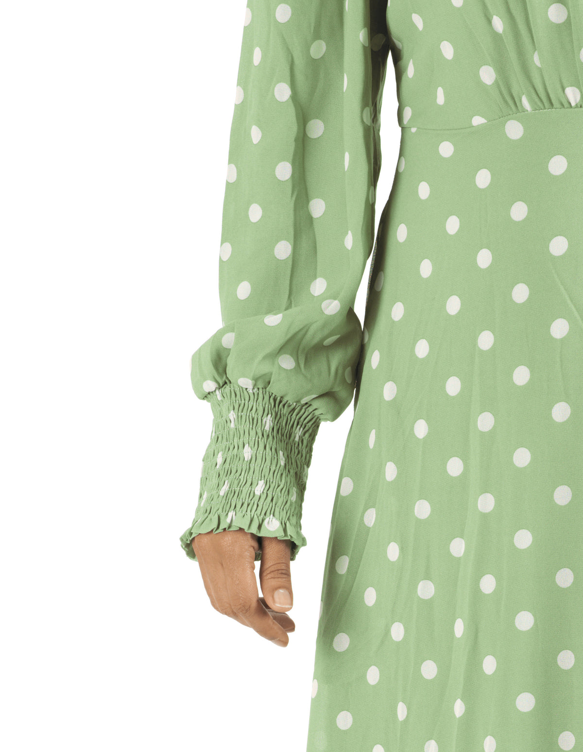Sage Polka Dot Lucca Smocked High Neck Modest Maxi Dress: cuff detail