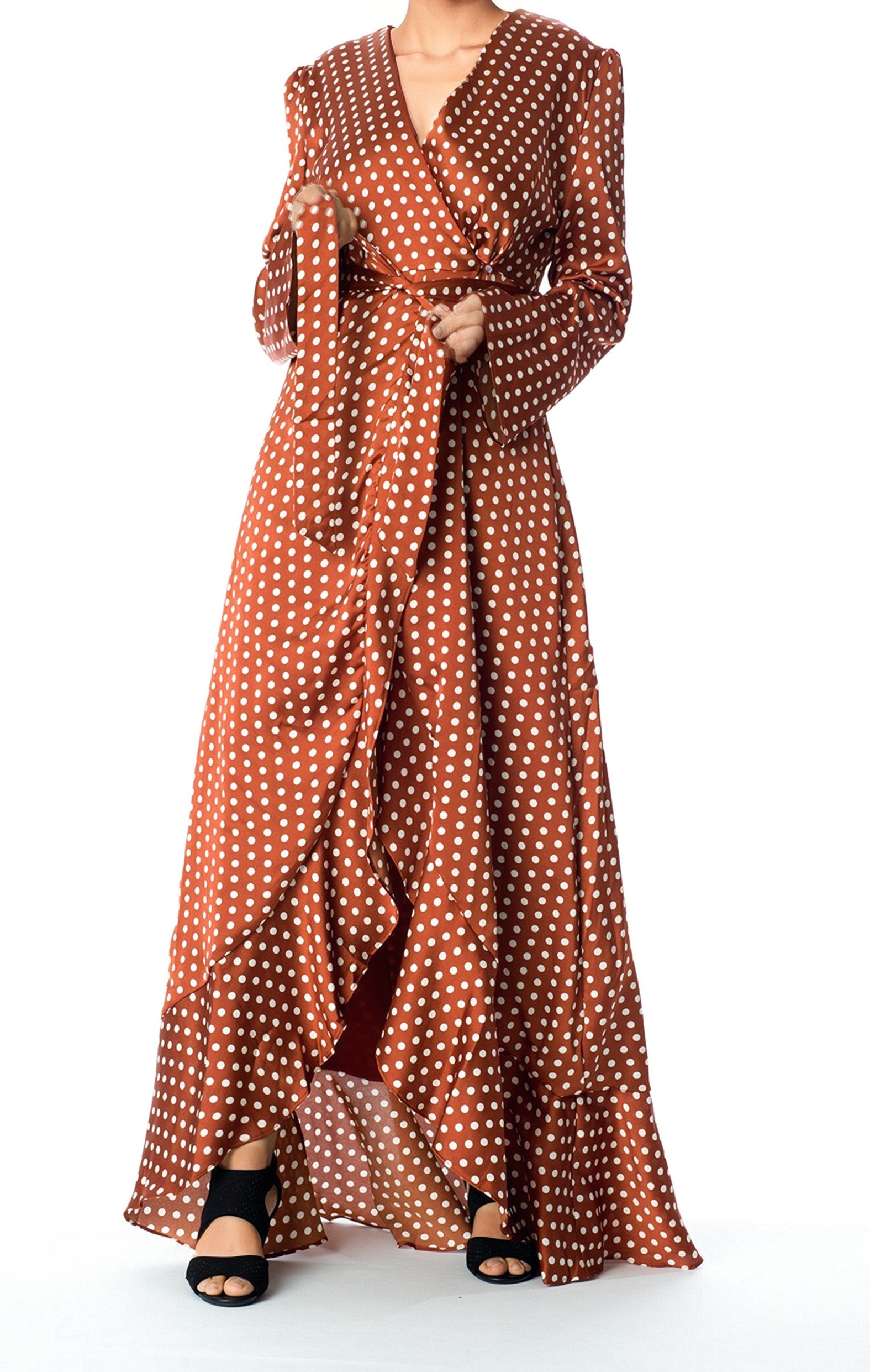 Satin Polka dots wrap Kimono dress Kabayare