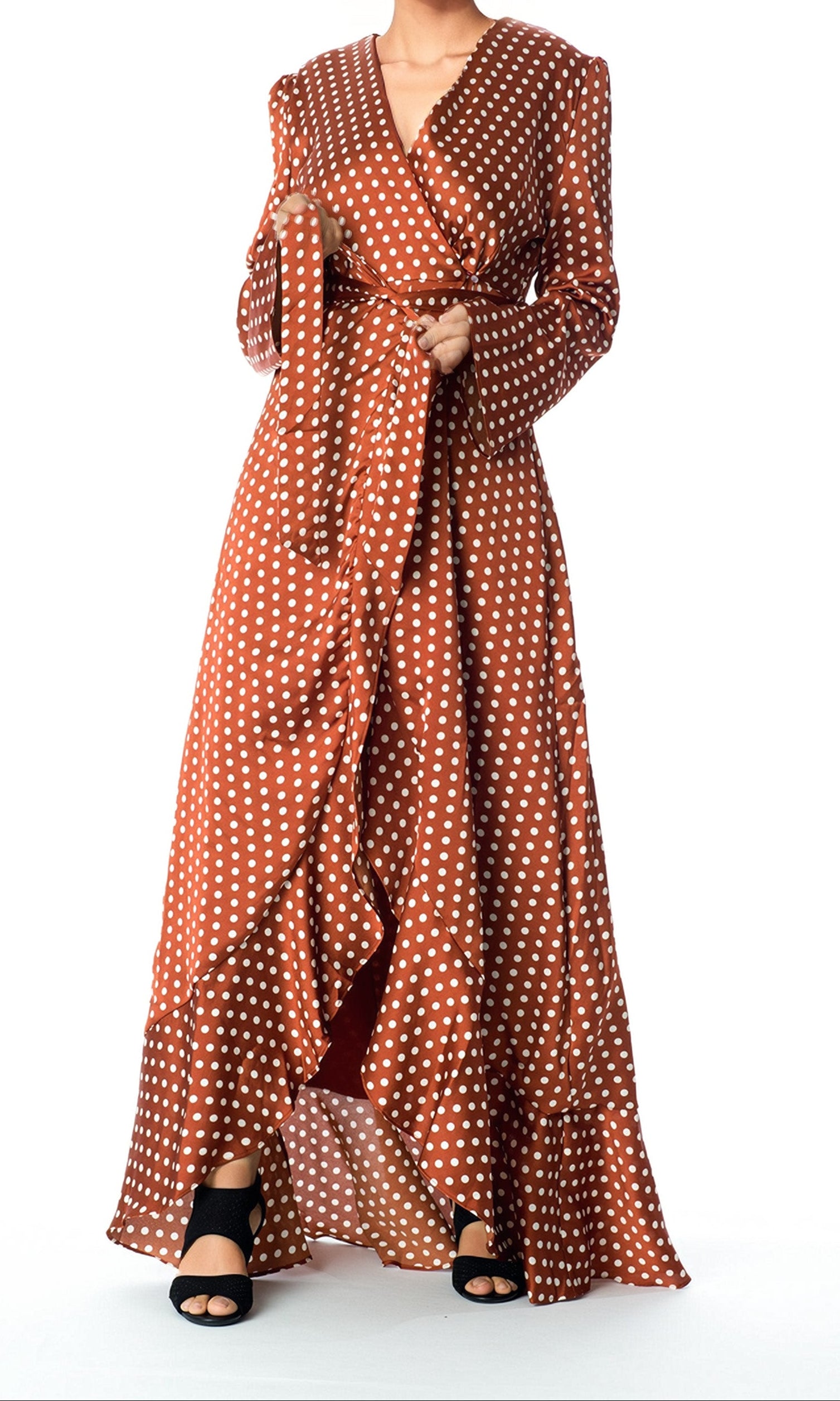 Satin Polka dots wrap Kimono dress Kabayare