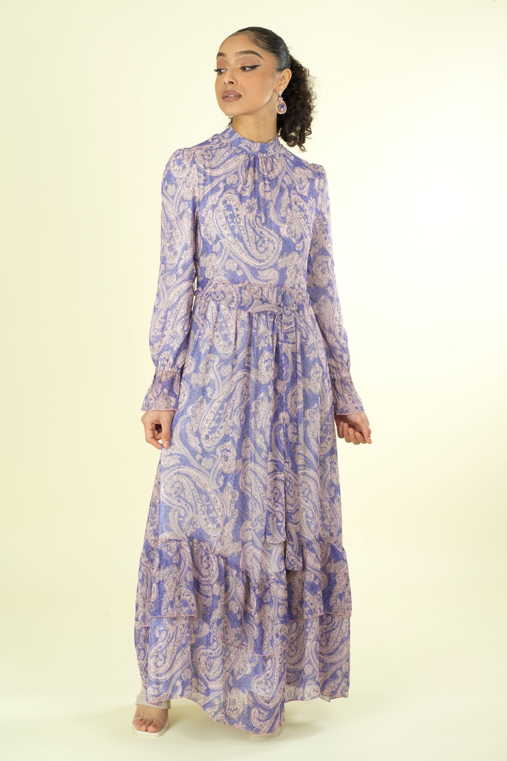 shades of lavender and paisley print modest maxi dress Kabayare