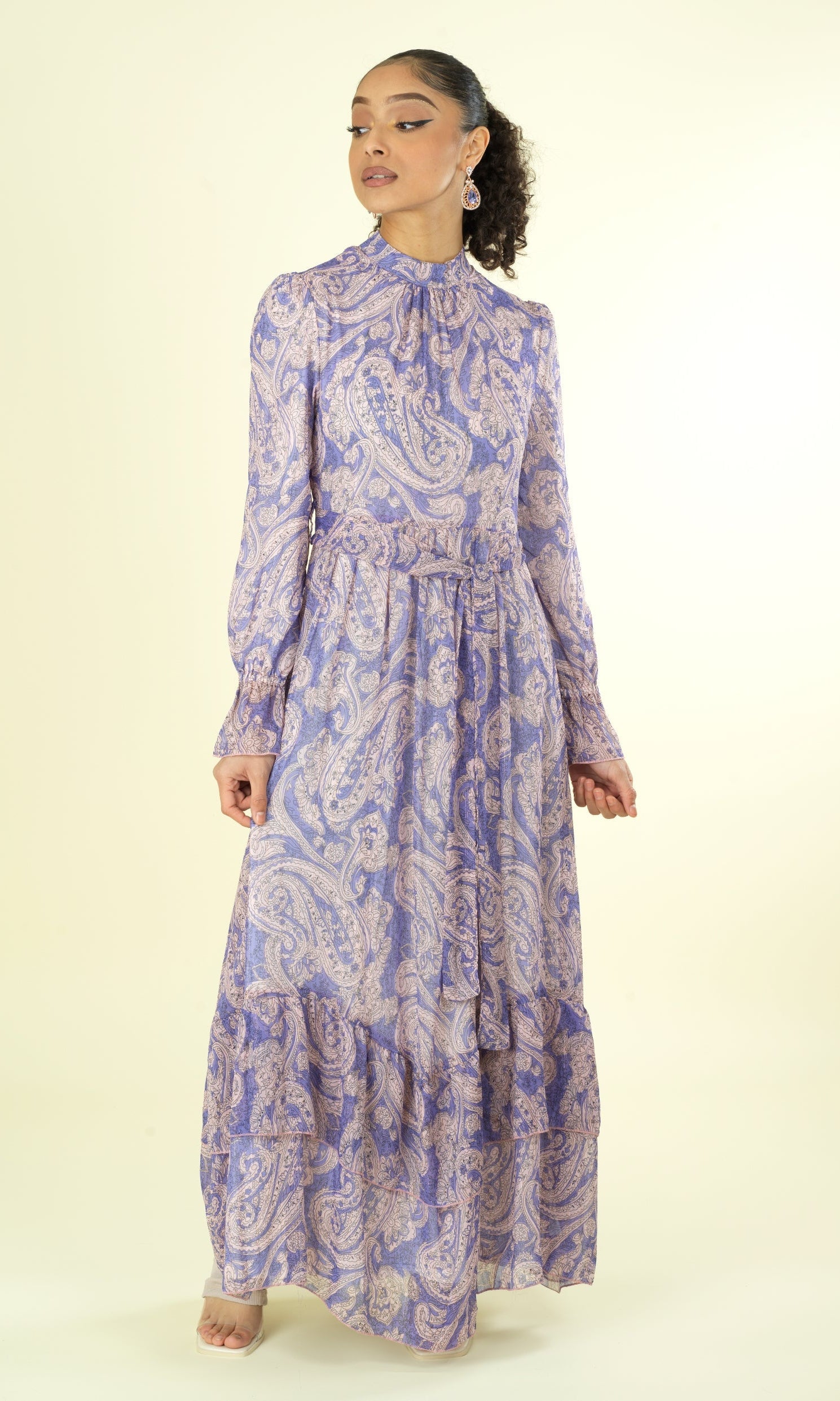 shades of lavender and paisley print modest maxi dress Kabayare