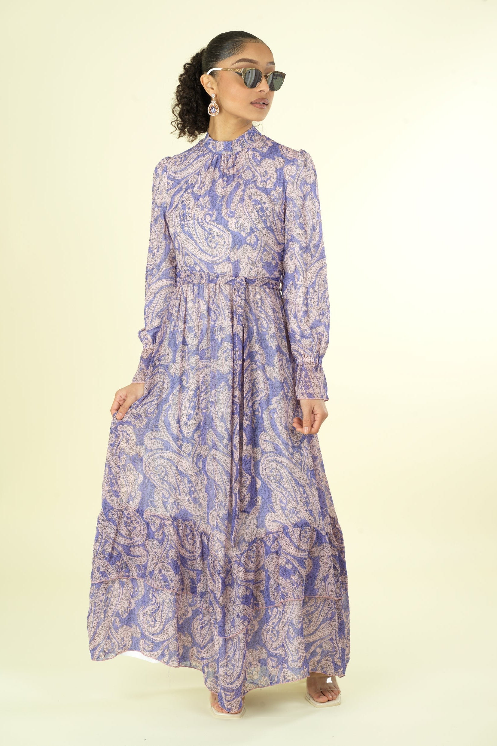 shades of lavender and paisley print modest maxi dress Kabayare