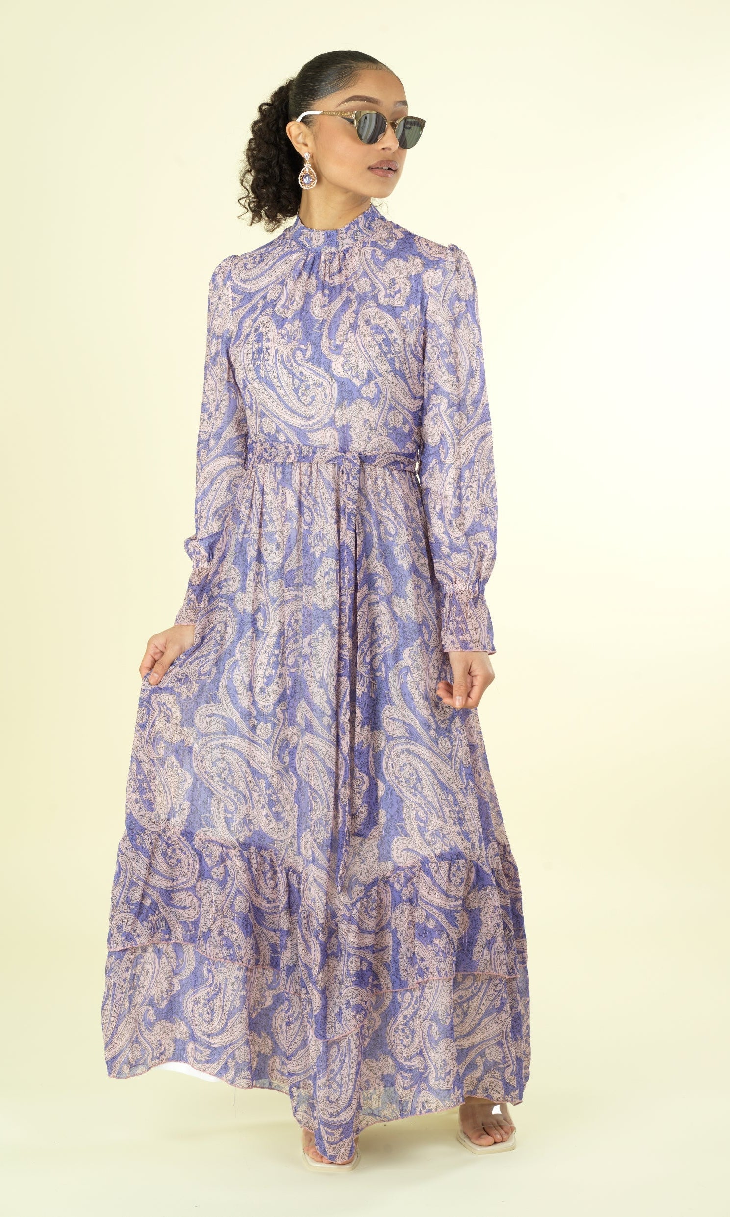 shades of lavender and paisley print modest maxi dress Kabayare