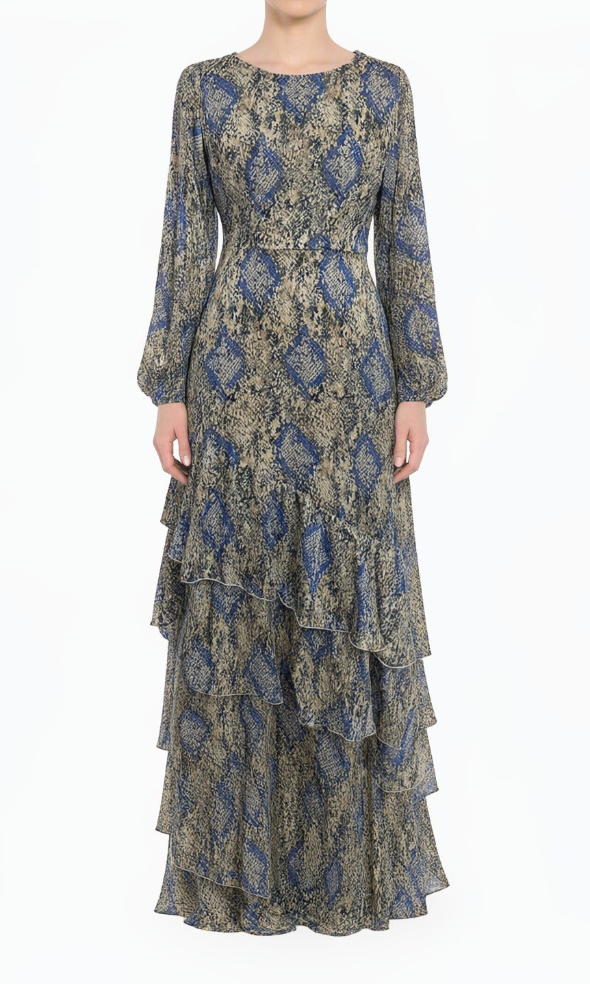 Snakeskin Print Capri Tiered Ruffle Modest Maxi Dress Kabayare
