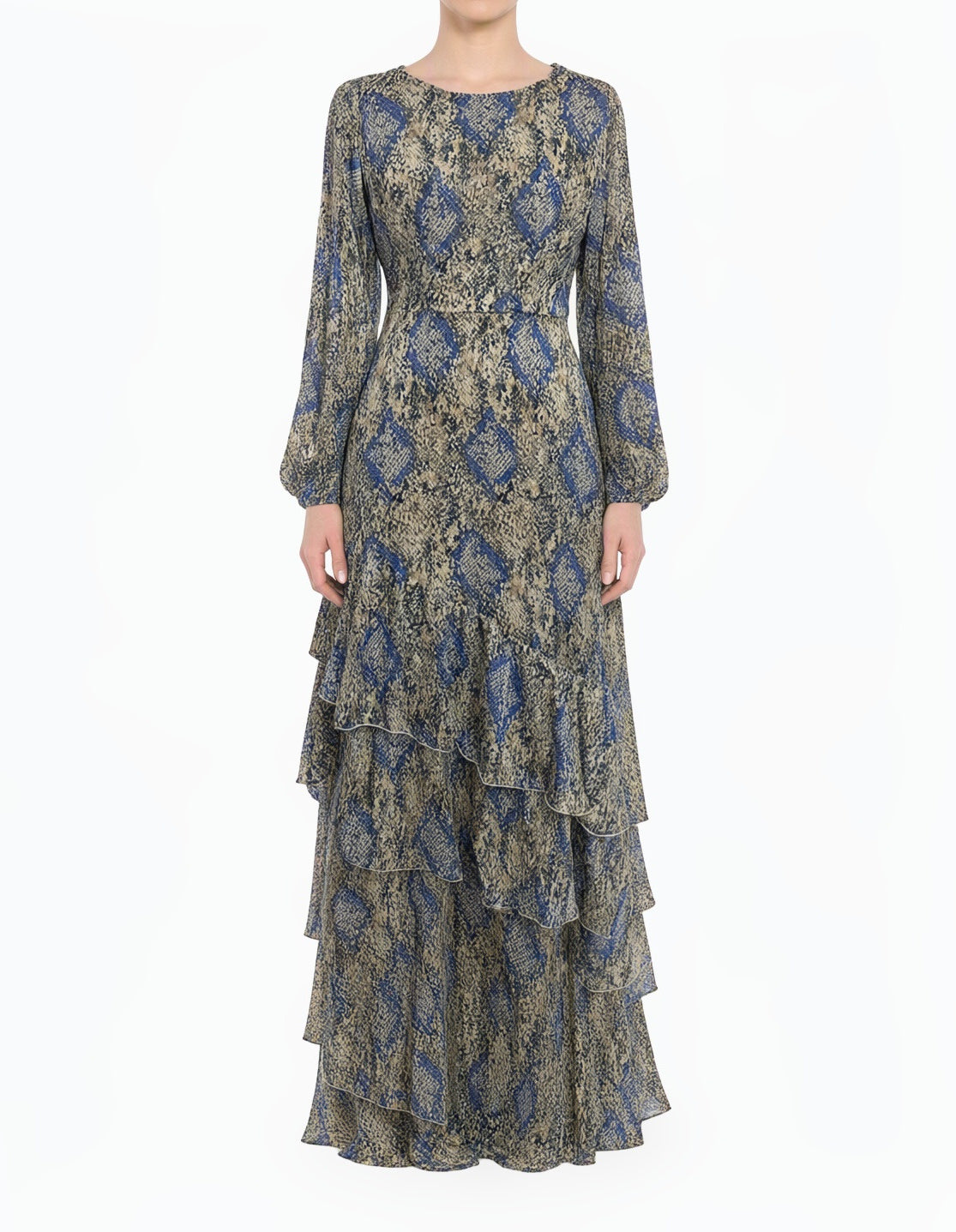 Snakeskin Print Capri Tiered Ruffle Modest Maxi Dress Kabayare