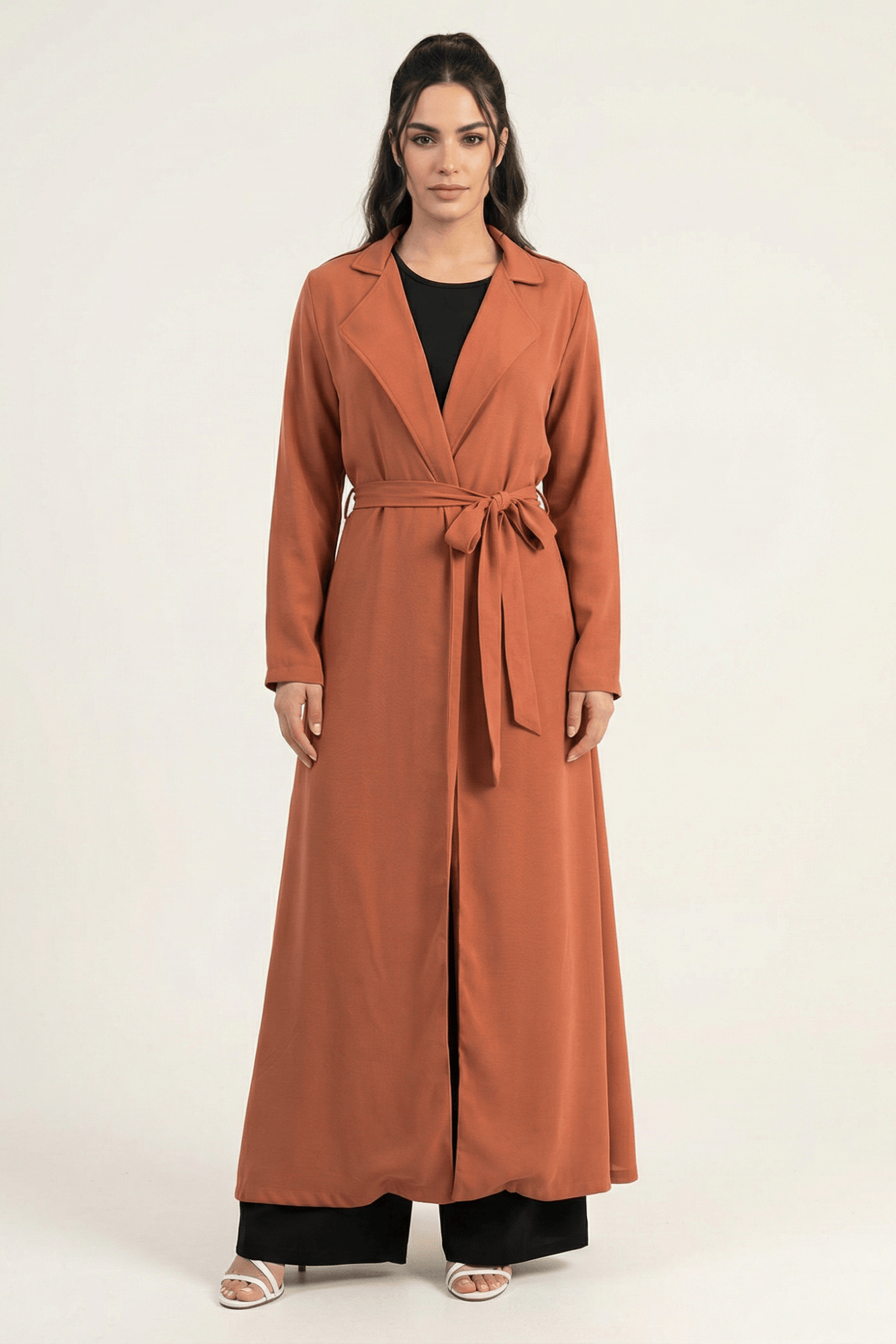 Solid classic Chiffon Maxi Trench Coat Kabayare