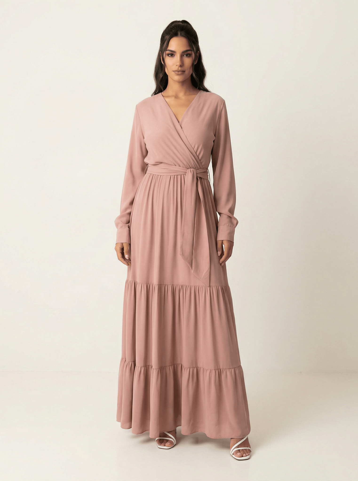 Solid V-neck chiffon tiered maxi dress Kabayare