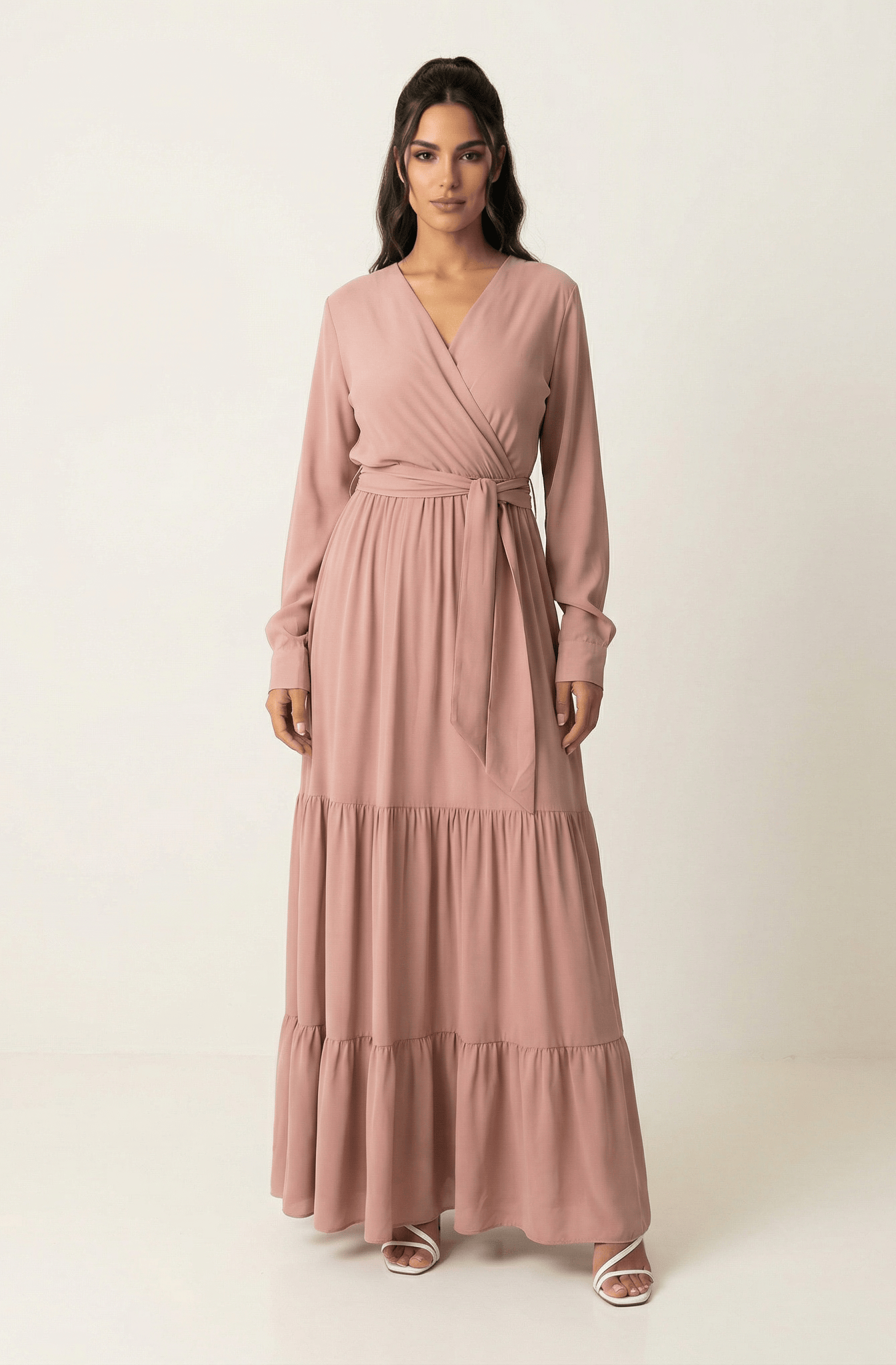 Solid V-neck chiffon tiered maxi dress Kabayare