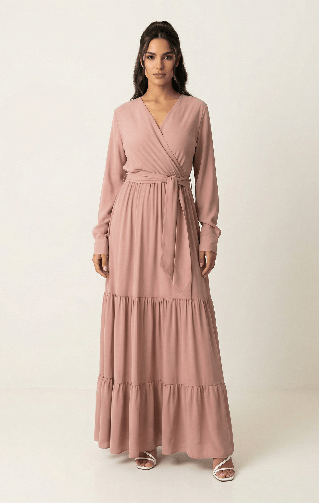 Solid V-neck chiffon tiered maxi dress Kabayare