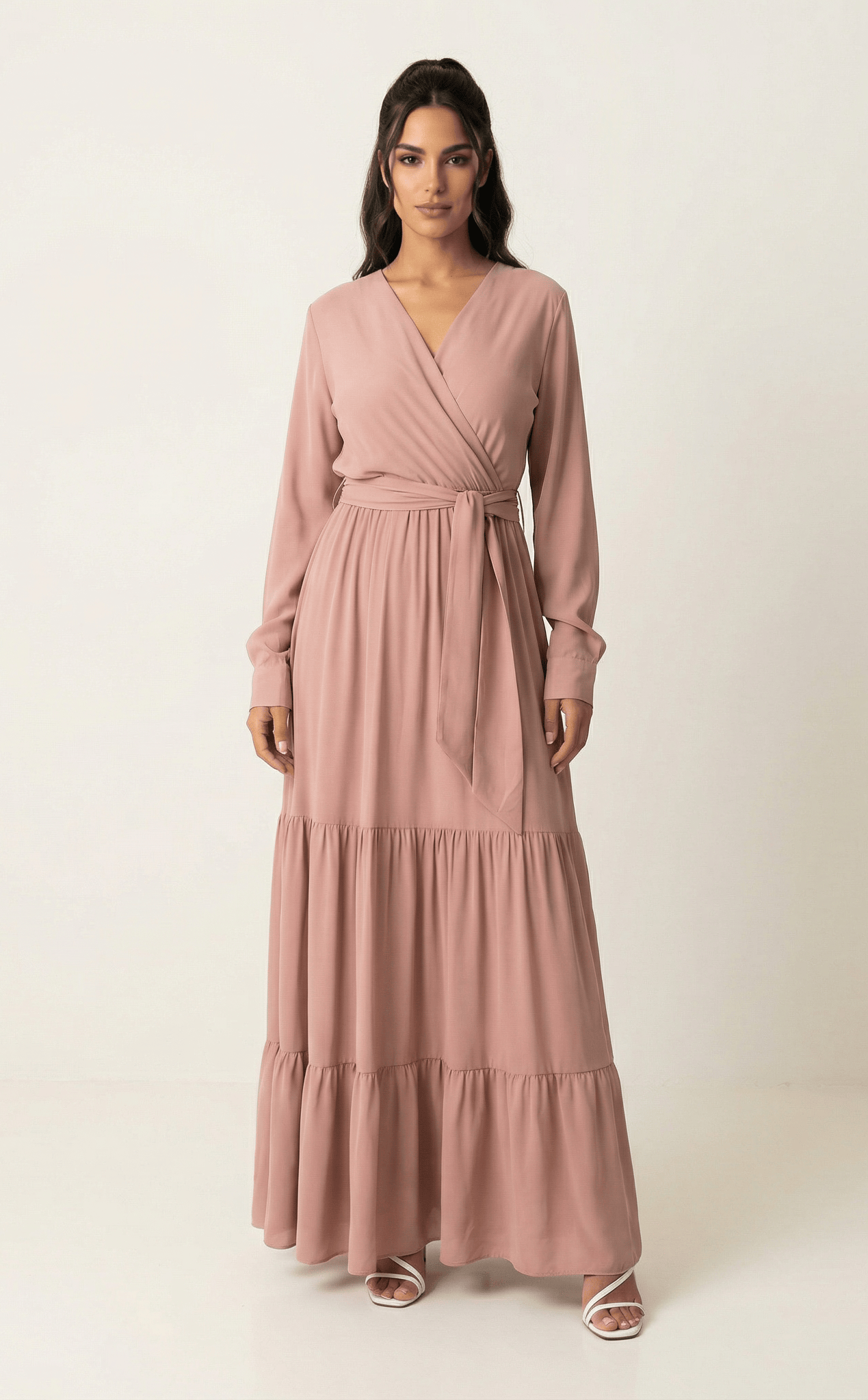 Solid V-neck chiffon tiered maxi dress Kabayare