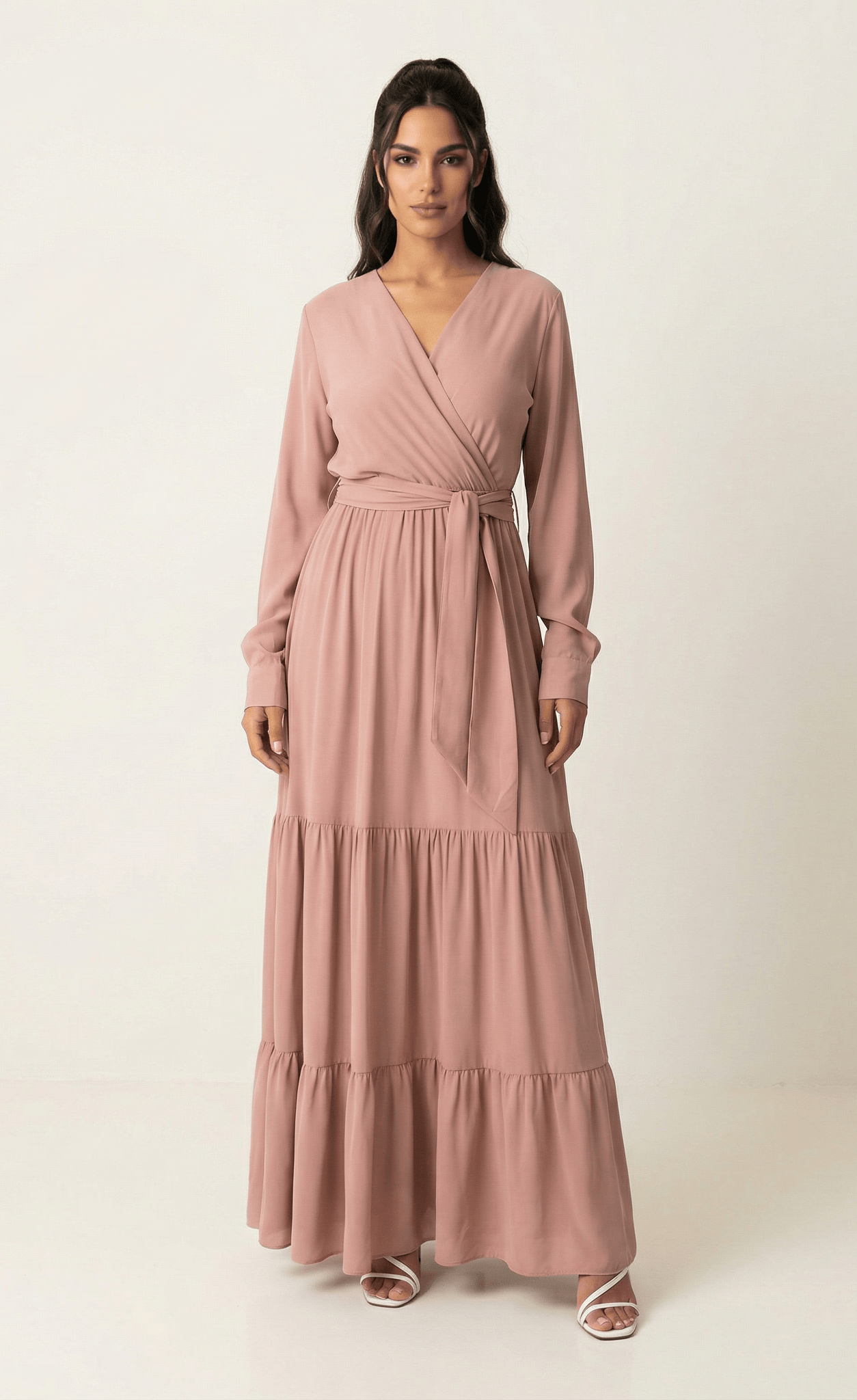 Solid V-neck chiffon tiered maxi dress Kabayare