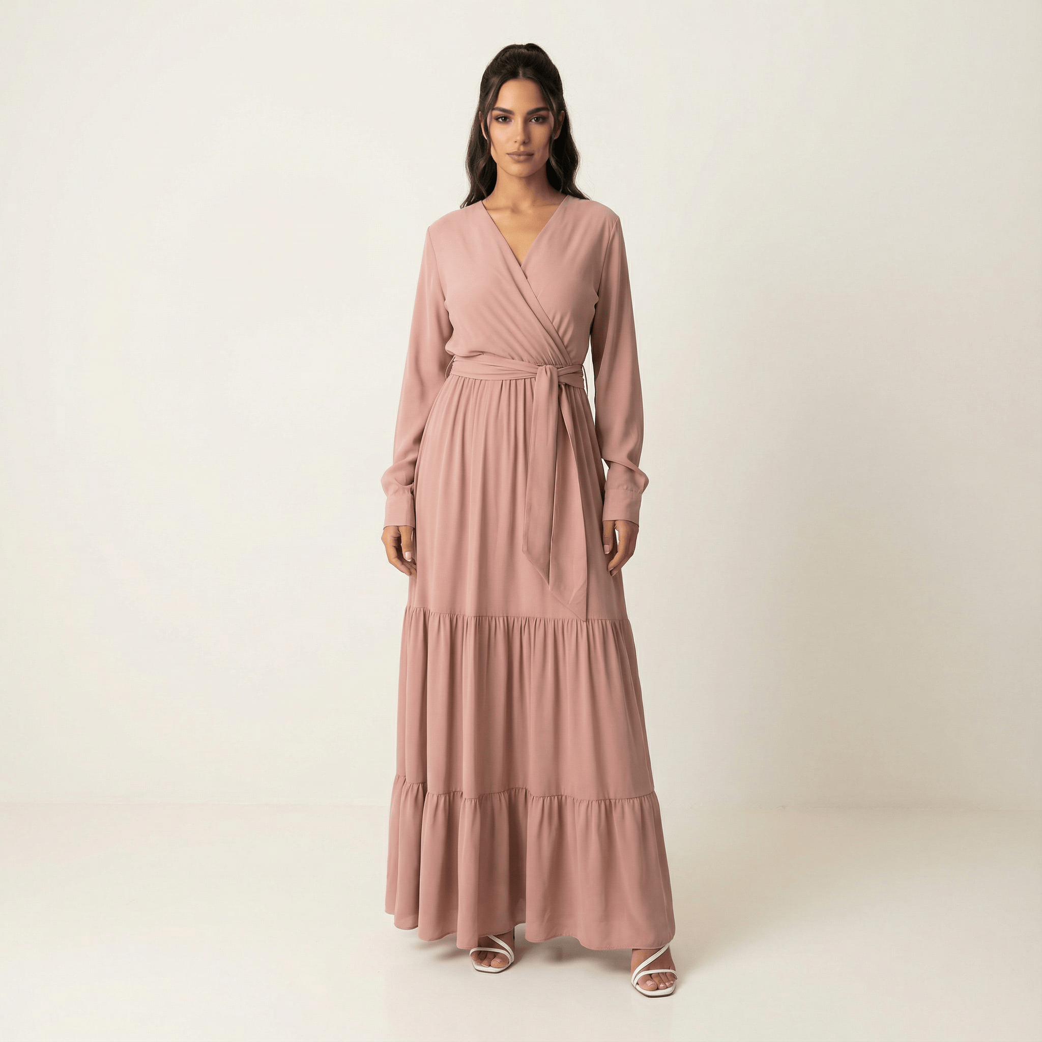 Solid V-neck chiffon tiered maxi dress Kabayare