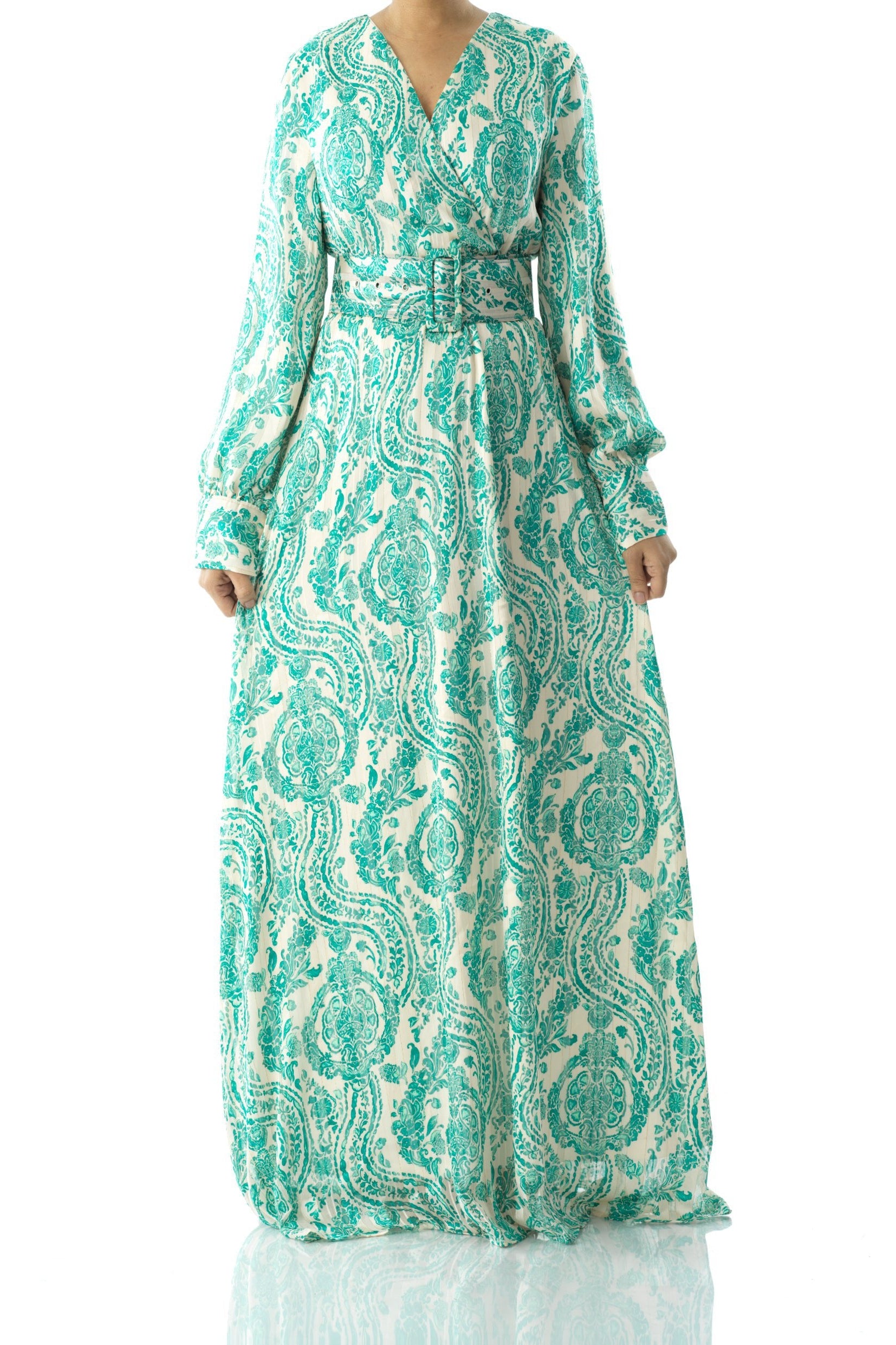 Teal green henna print v-neck chiffon maxi dress Kabayare