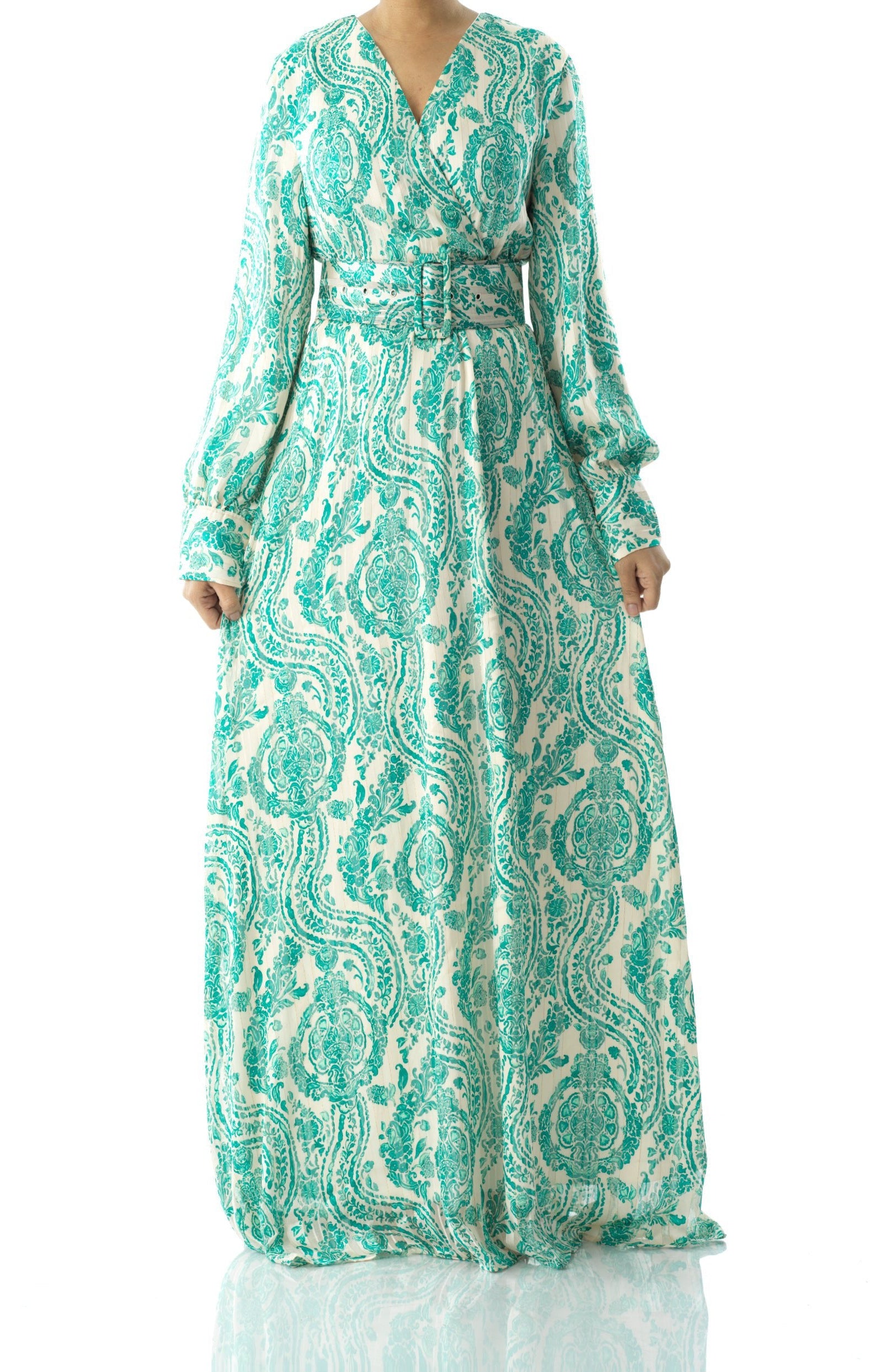 Teal green henna print v-neck chiffon maxi dress Kabayare