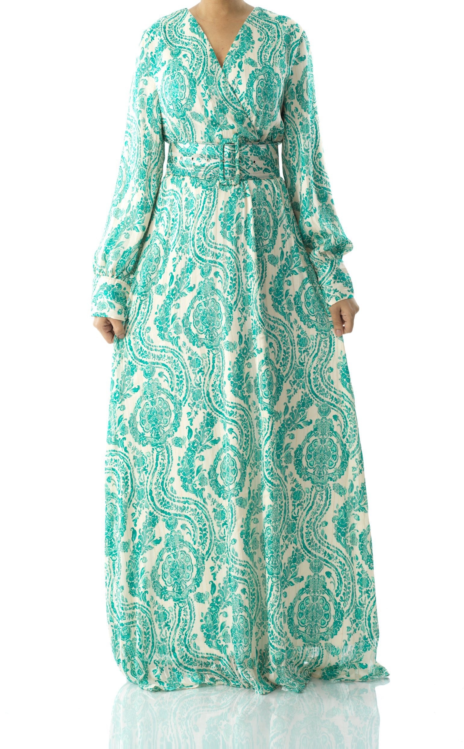 Teal green henna print v-neck chiffon maxi dress Kabayare