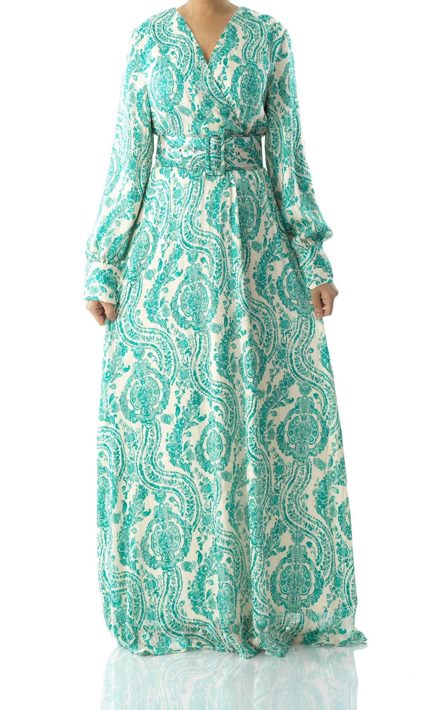 Teal green henna print v-neck chiffon maxi dress Kabayare