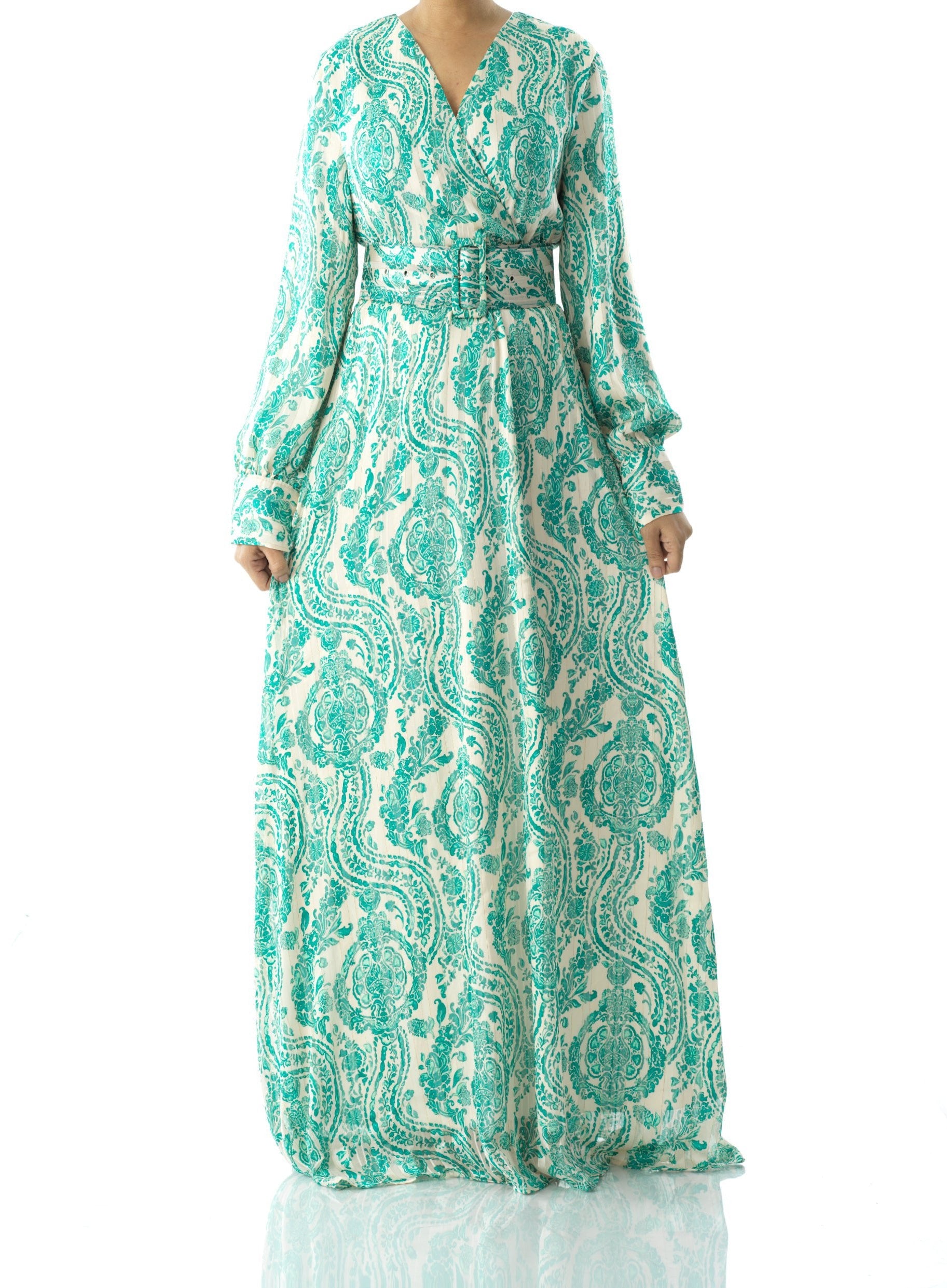 Teal green henna print v-neck chiffon maxi dress Kabayare