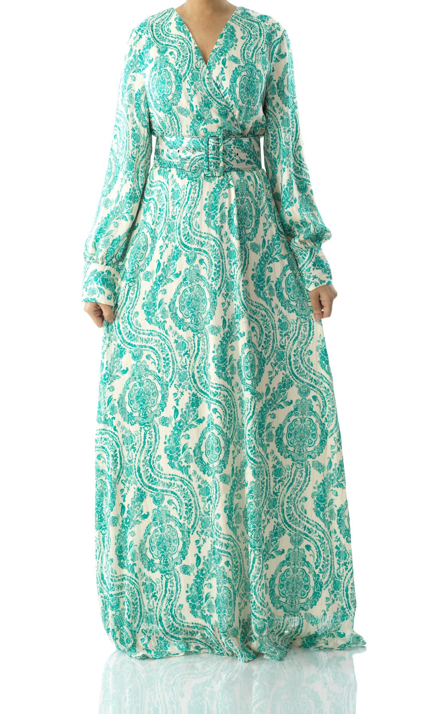 Teal green henna print v-neck chiffon maxi dress Kabayare