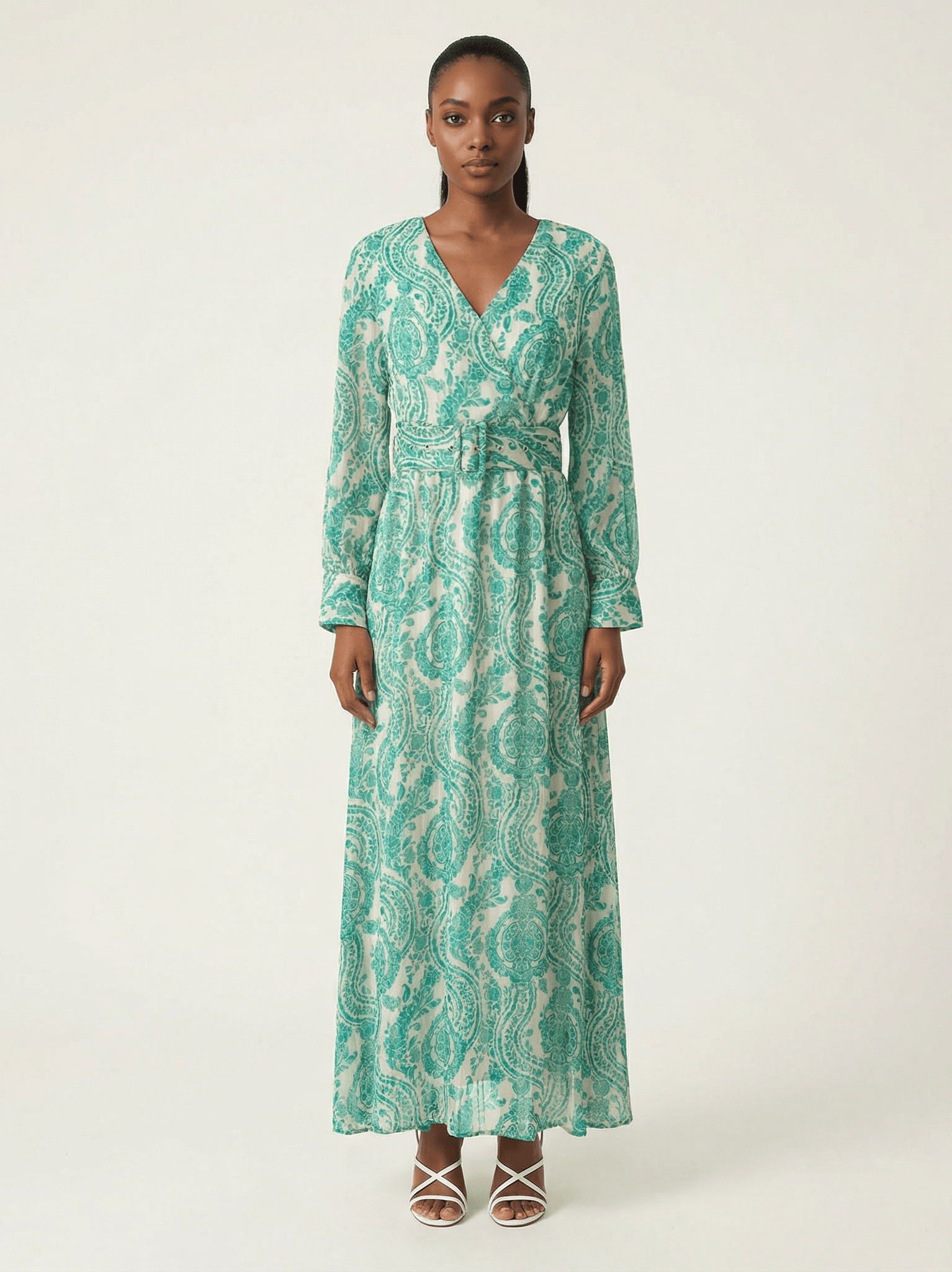 Teal green henna print v-neck chiffon shimmer maxi dress Kabayare