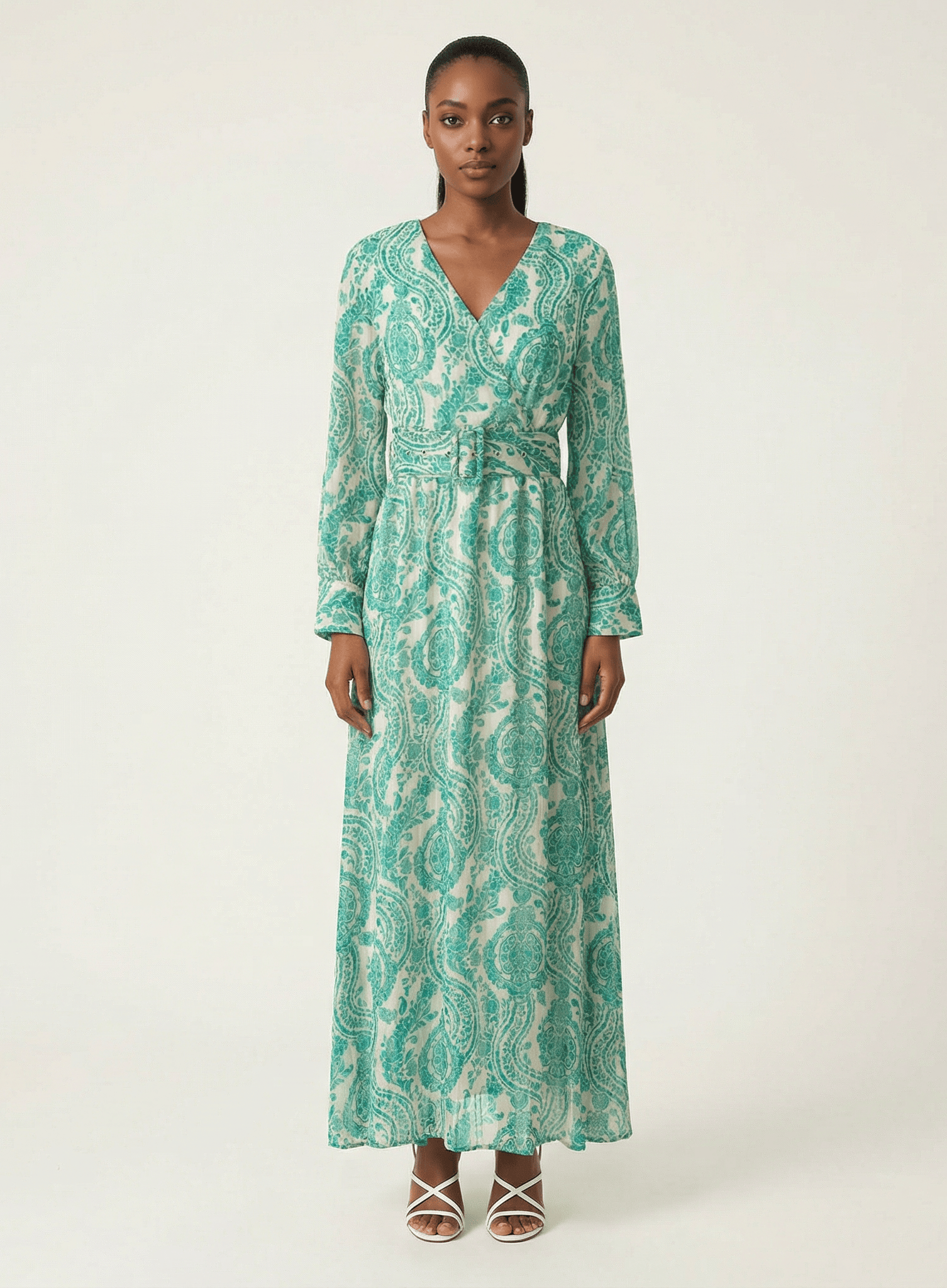 Teal green henna print v-neck chiffon shimmer maxi dress Kabayare