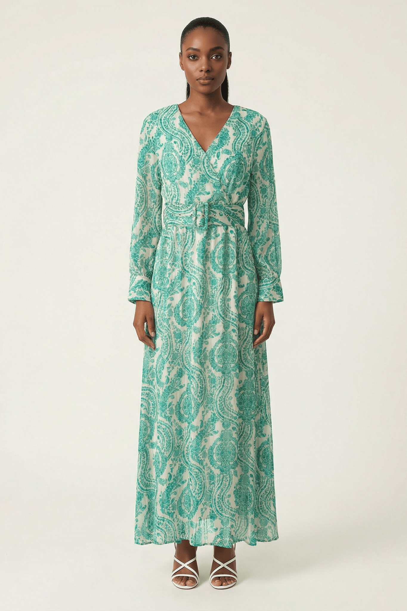 Teal green henna print v-neck chiffon shimmer maxi dress Kabayare