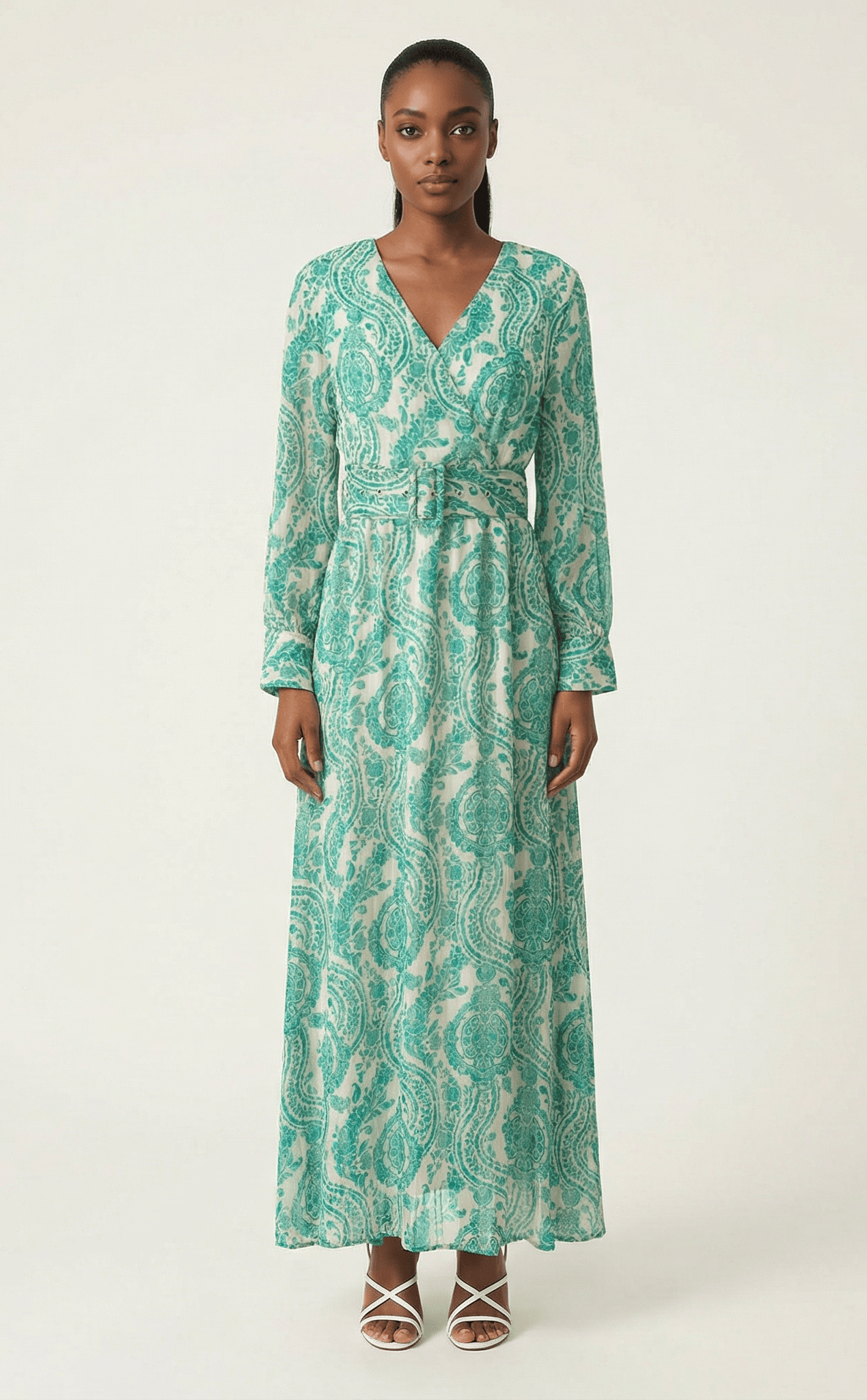 Teal green henna print v-neck chiffon shimmer maxi dress Kabayare
