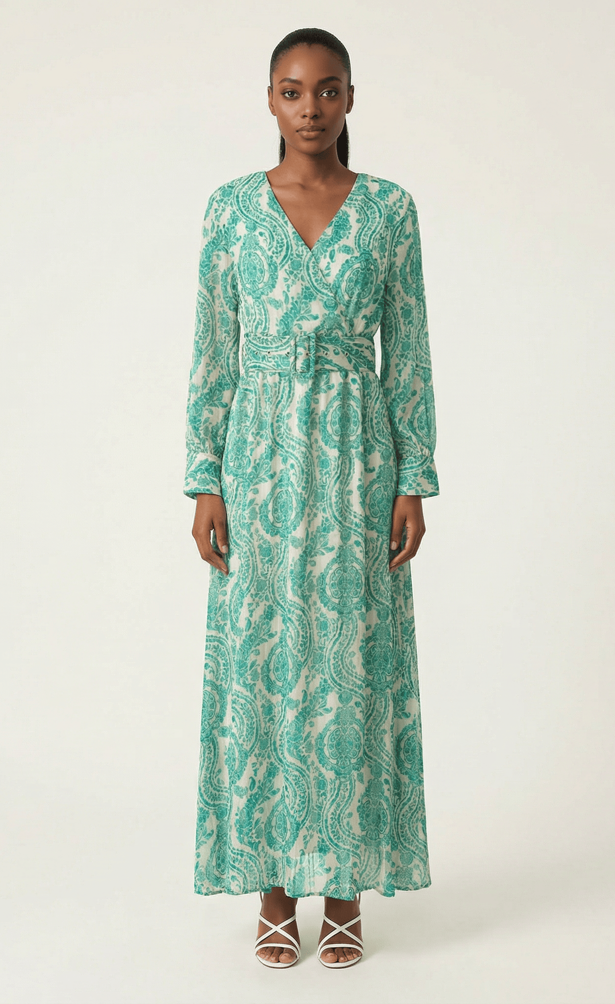 Teal green henna print v-neck chiffon shimmer maxi dress Kabayare