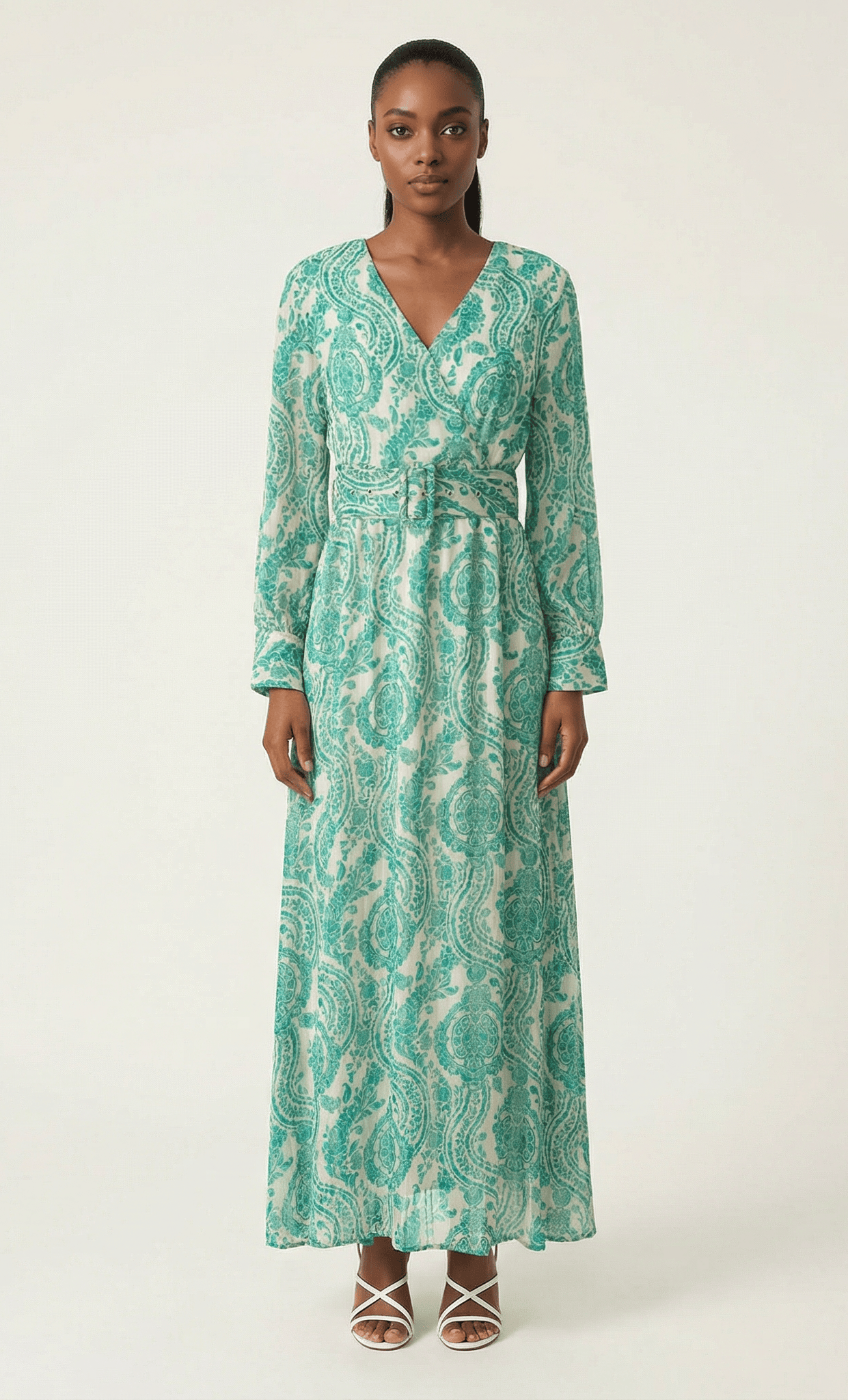 Teal green henna print v-neck chiffon shimmer maxi dress Kabayare
