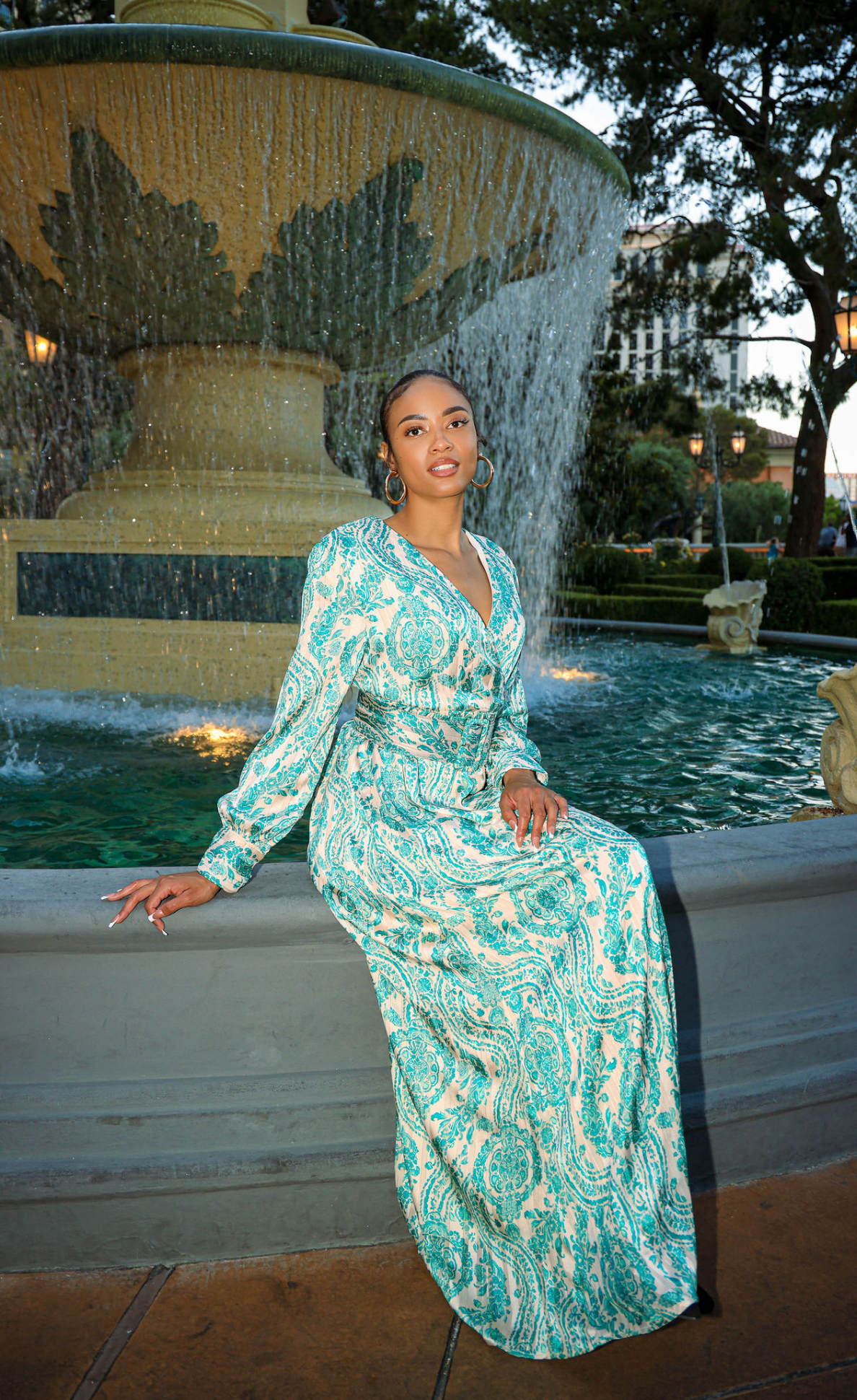 Teal green henna print v-neck chiffon shimmer maxi dress Kabayare