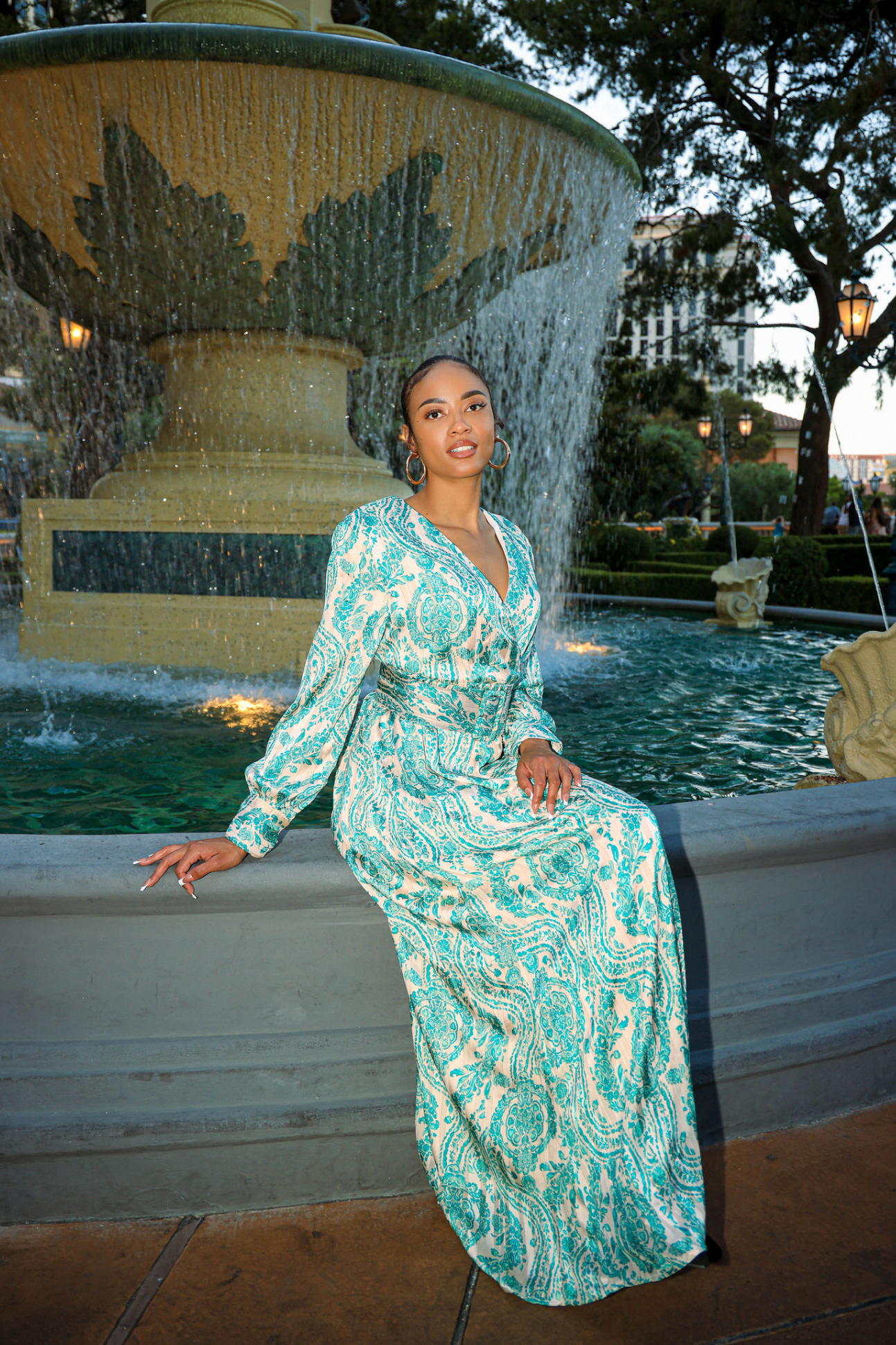 Teal green henna print v-neck chiffon shimmer maxi dress Kabayare