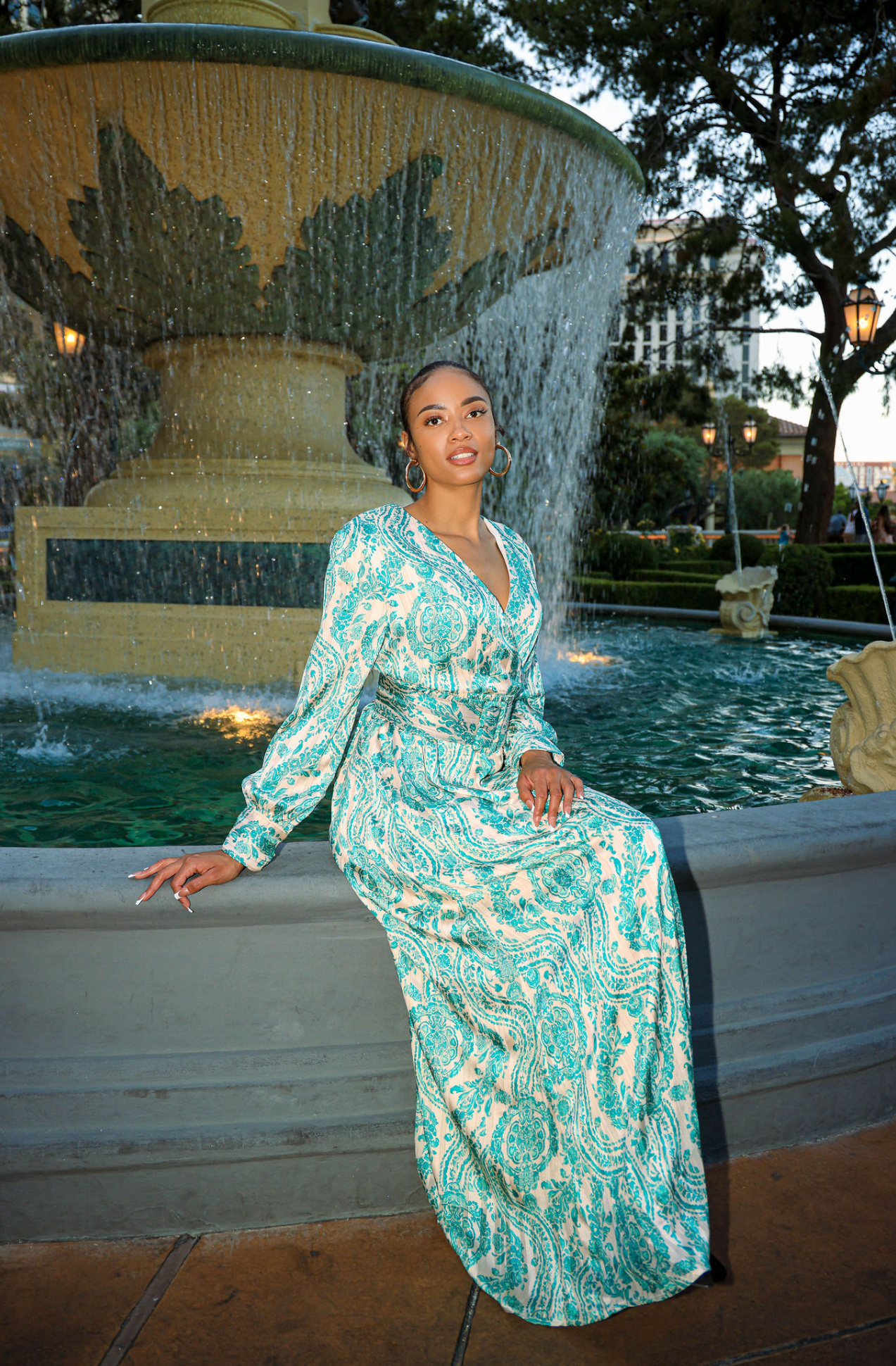 Teal green henna print v-neck chiffon shimmer maxi dress Kabayare