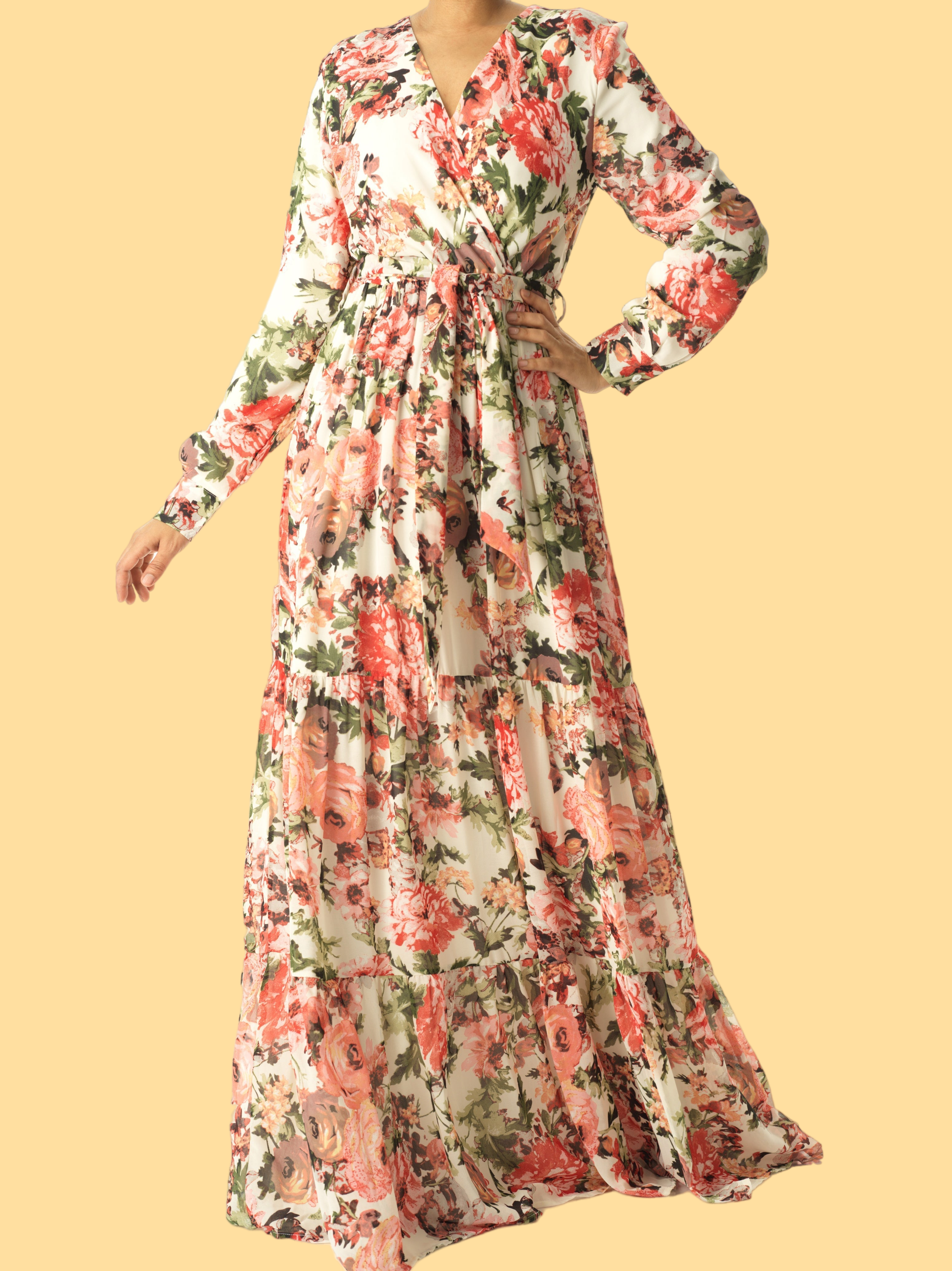 White Bloom Blush Floral Print Maxi dress Kabayare