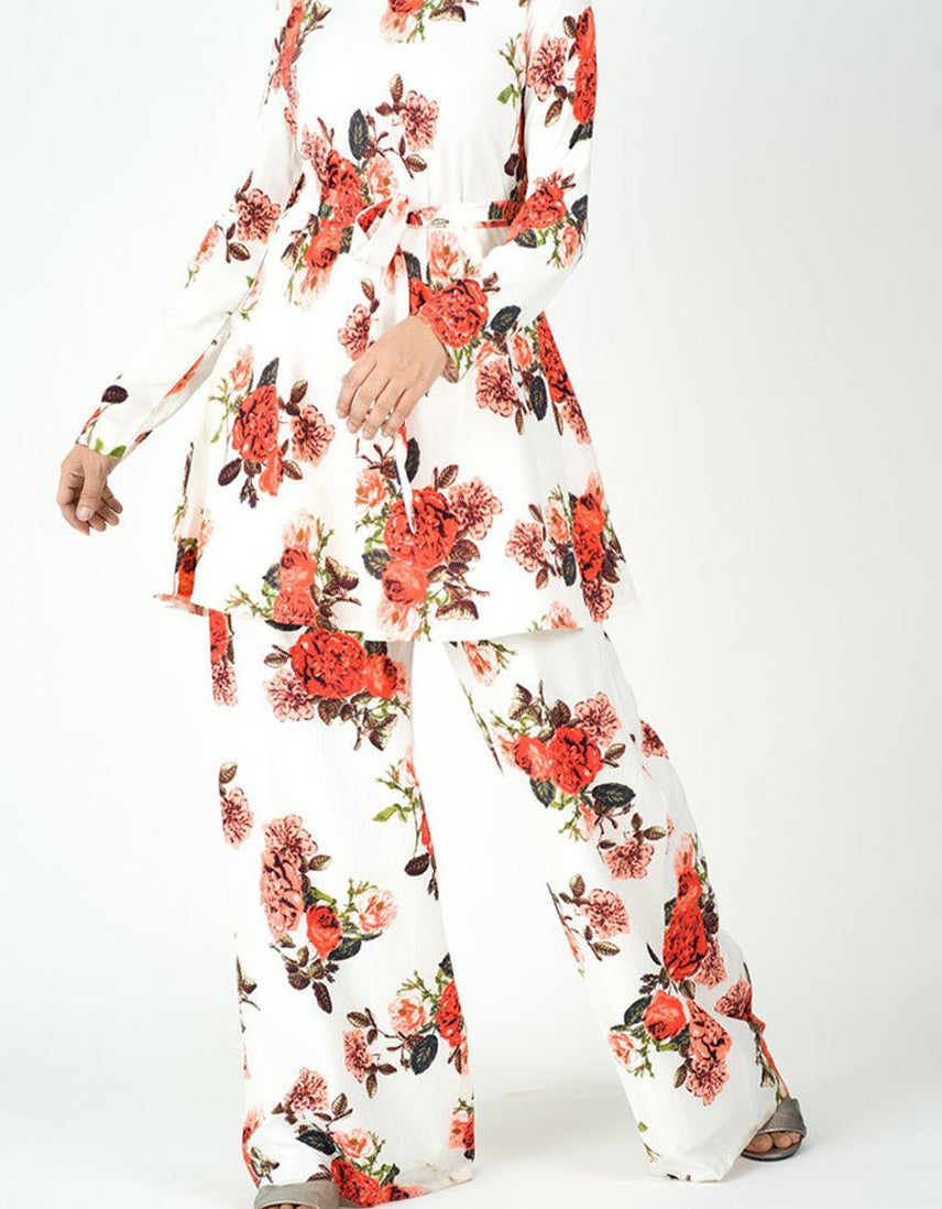 White floral Modest Matching set Kabayare