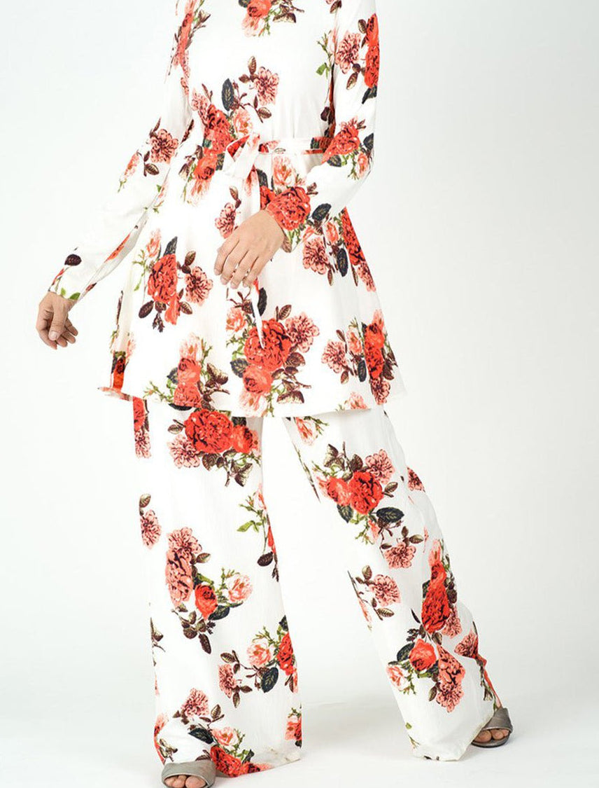 White floral Modest Matching set Kabayare